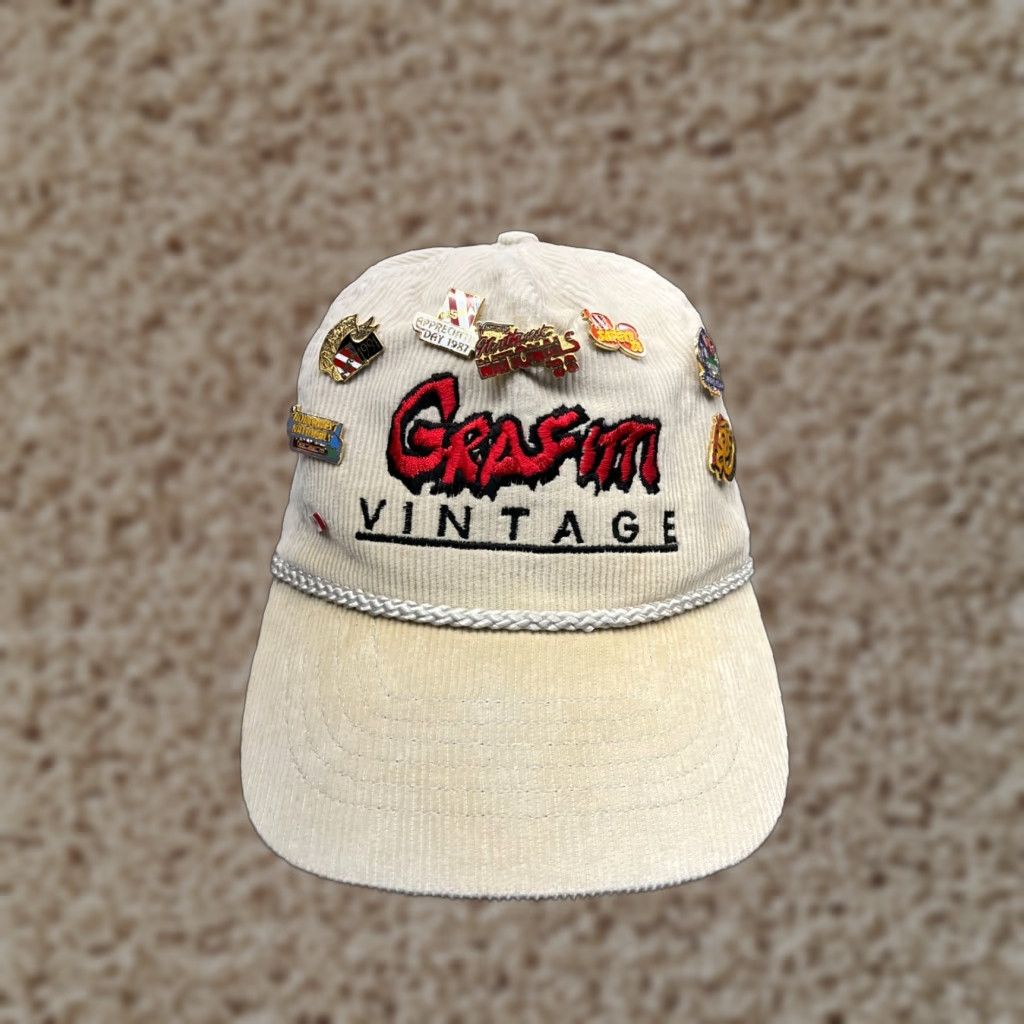 Vintage Grafitti Vintage Hat Cap Strap Back Adult OS Ivory Cotton Corduroy Rope w/Pins Size ONE SIZE - 1 Thumbnail