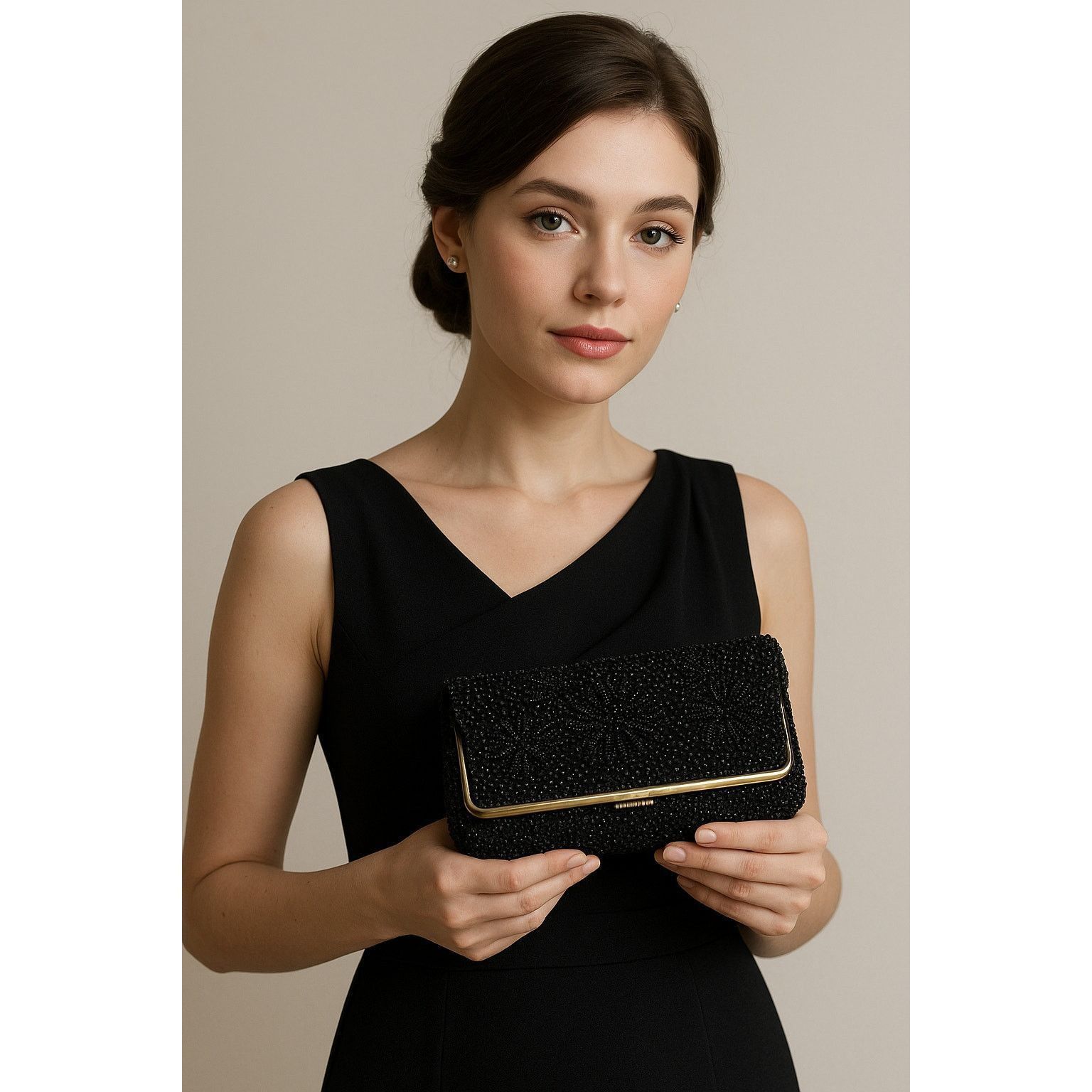 Other Vintage 80s Black Beaded Clutch Purse Evening Bag Elegant Size ONE SIZE - 1 Thumbnail