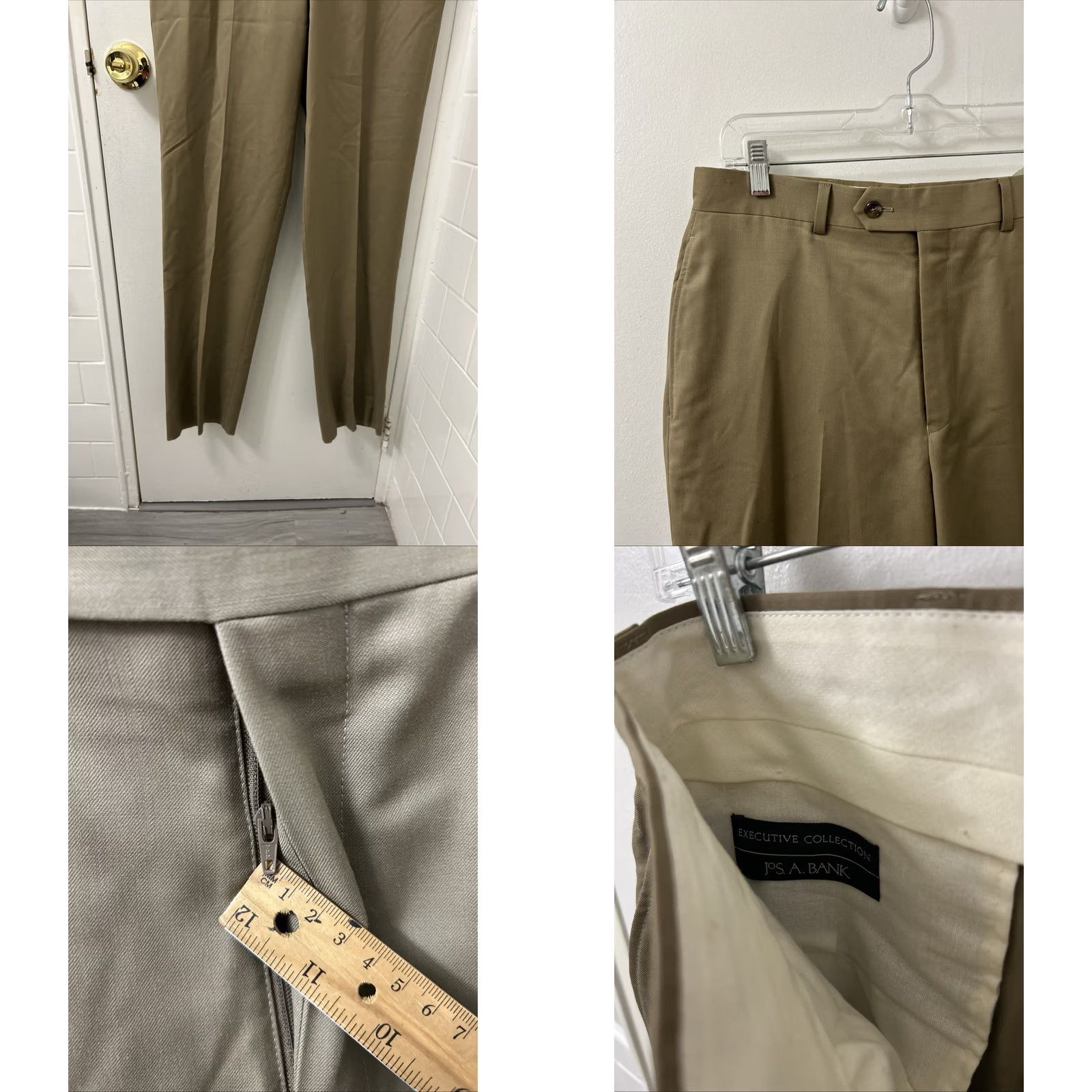 Vintage Jos A Bank Dress Pants Mens 32x37 Tan 100% Wool Executive Collection YKK Stretch Dress Pants Beige Khaki Classic Fit Pockets Zip Button Slim? Size US 32 / EU 48 - 8 Thumbnail