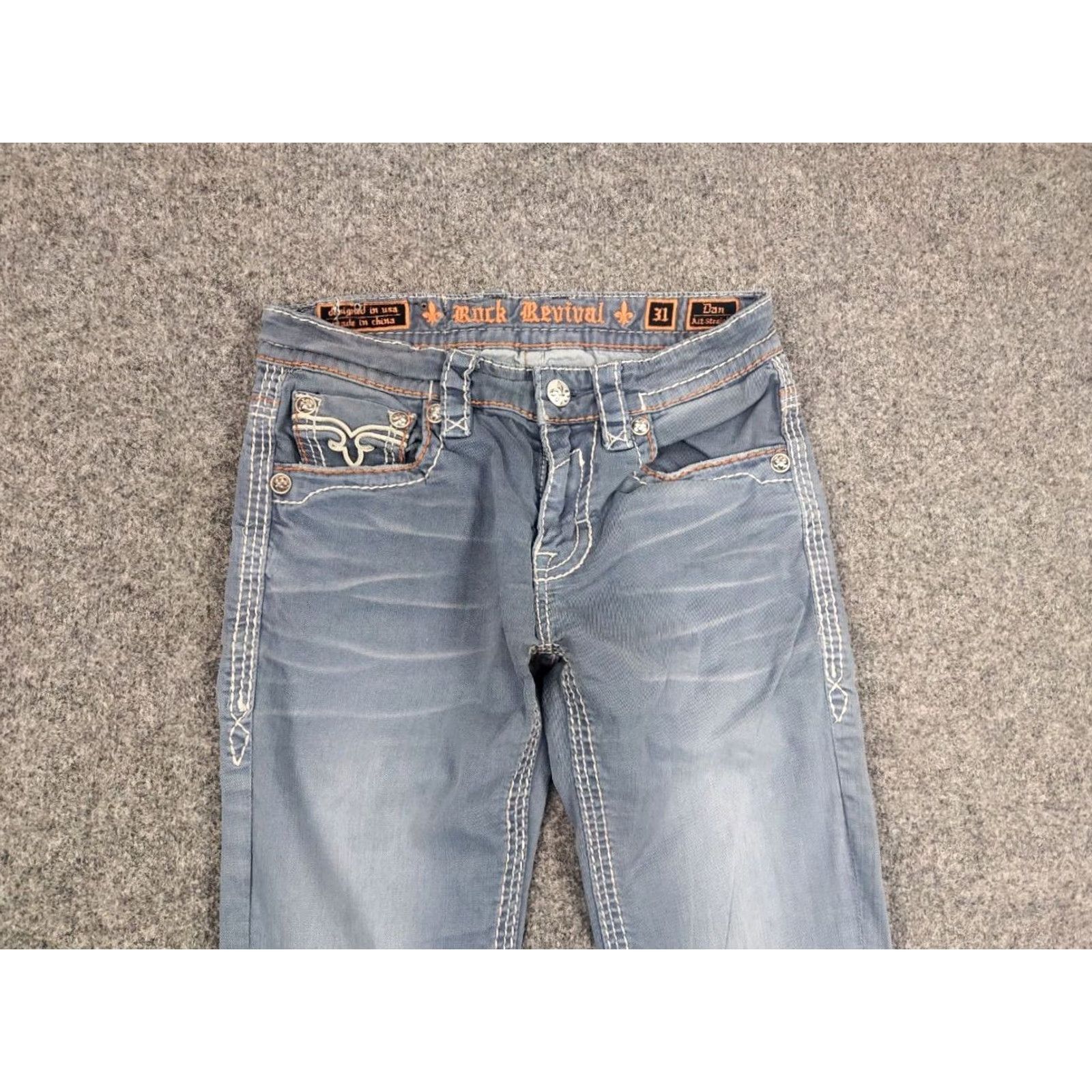 Vintage VINTAGE Rock Revival Jeans Rock Embroidered Logo Denim Y2K Men 31 Blue Cotton 5-Pocket Distressed Regular Straight Vintage Mens Jeans Size US 31 - 4 Thumbnail