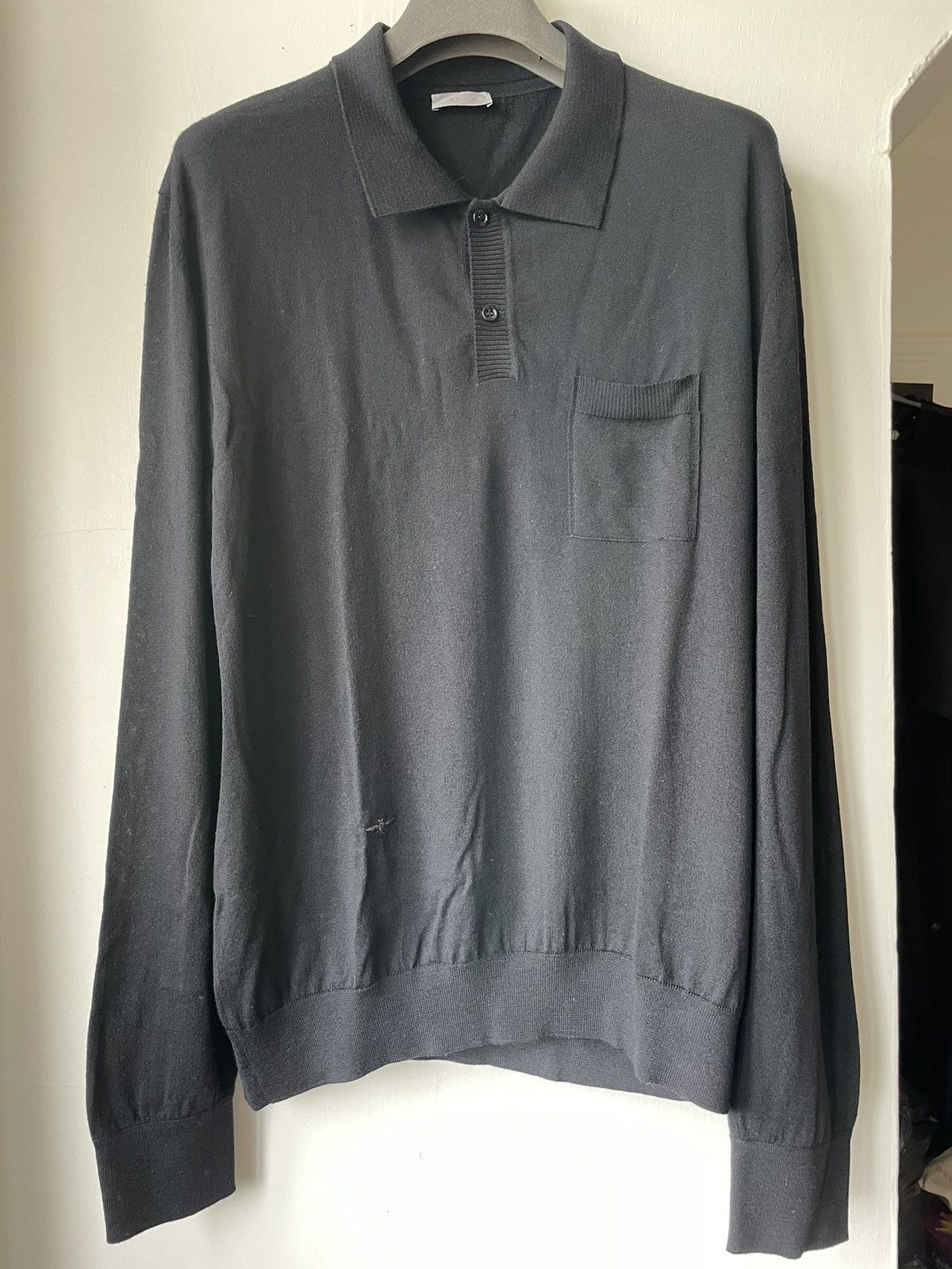 image of Runway Dior By Hedi Slimane Bee Logo Wool Knit Polo Sweater in Black, Men's (Size XL)