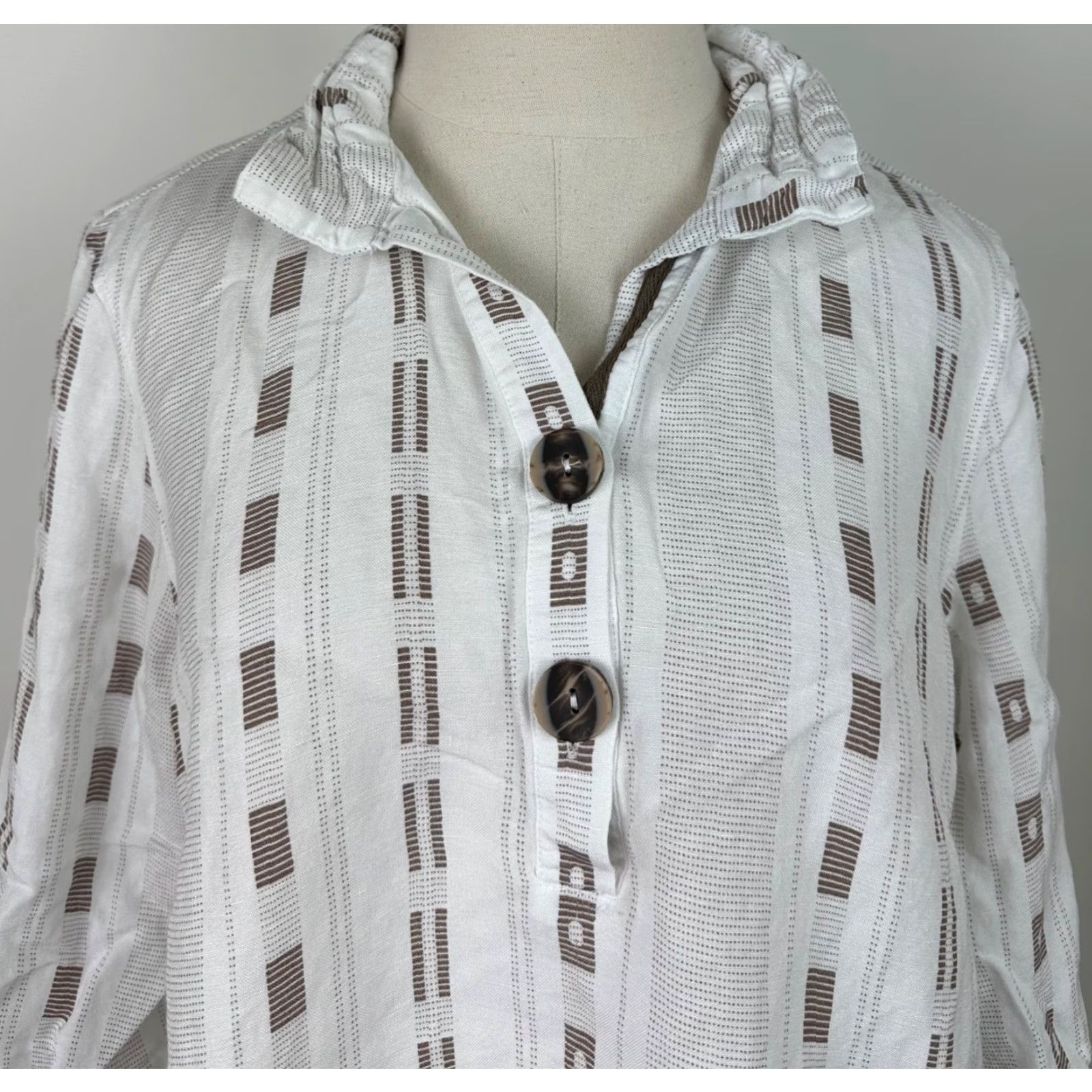 Vintage Ali Miles Shirt Womens Medium Linen Blend Geometric Stripe Roll Tab Sleeve Boho Size M / US 6-8 / IT 42-44 - 2 Thumbnail