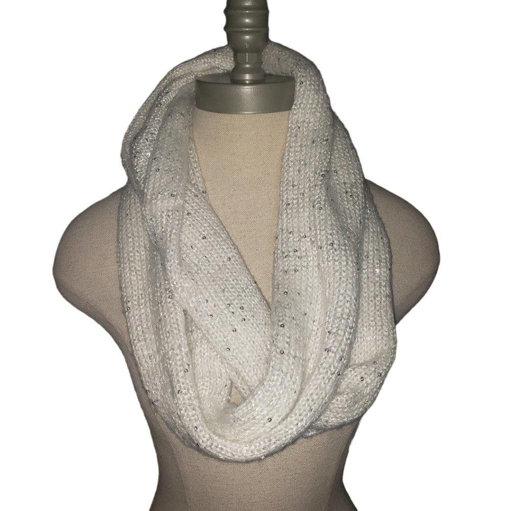 Designer CT826 White with Silver Sequins Infinity Crochet Scarf Size ONE SIZE - 2 Thumbnail