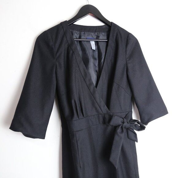 J.Crew J.Crew Black 100% Wool 3/4 Sleeve Belted Wrap Bodycon Dress Size S / US 4 / IT 40 - 2 Thumbnail