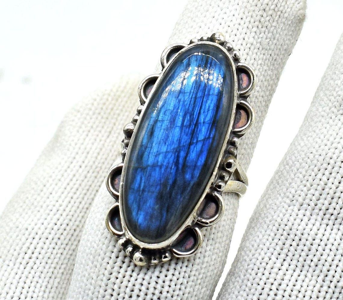 Handmade Labradorite 925 Silver Ring Oval Huge Statement Jewelry Size ONE SIZE - 4 Thumbnail