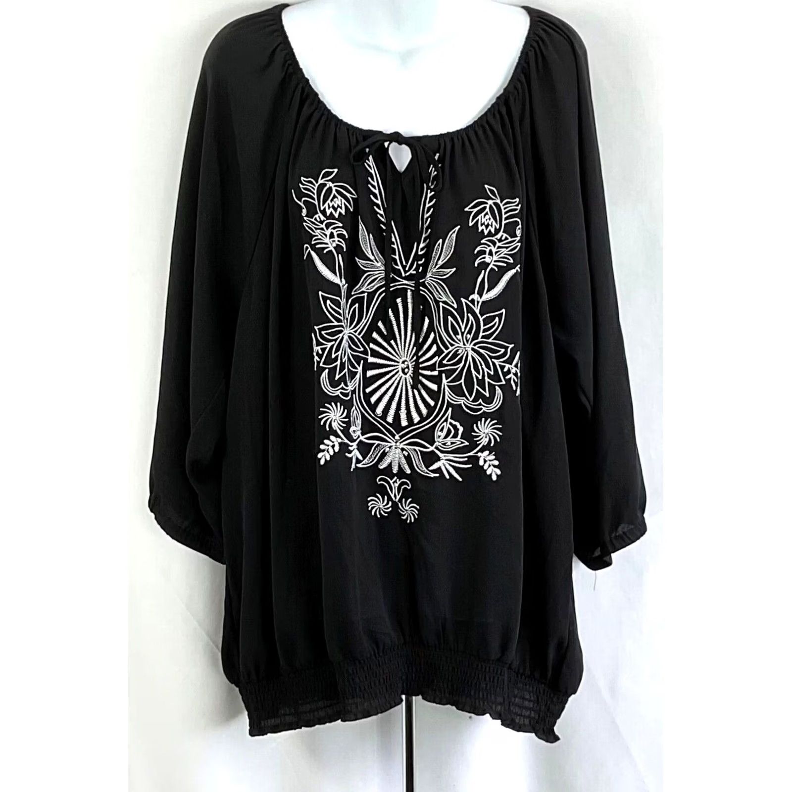Vintage Lane Bryant Top 22/24 Blk Floral Beaded Embroidery Ruffles Smocked Off Shoulder Size 3XL / US 20-22 - 4 Thumbnail