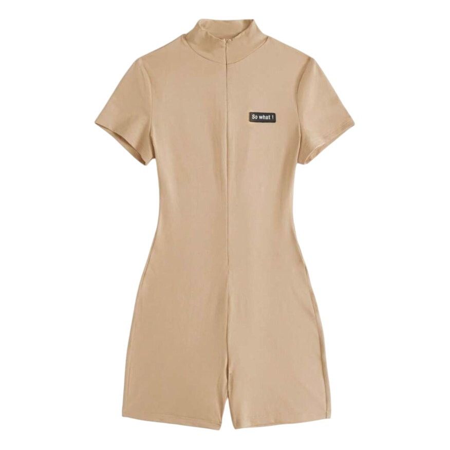 Shein Letter Patched Zip Up Unitard Romper in Beige, Size XS Size 25" / US 0 / IT 36 - 1 Thumbnail