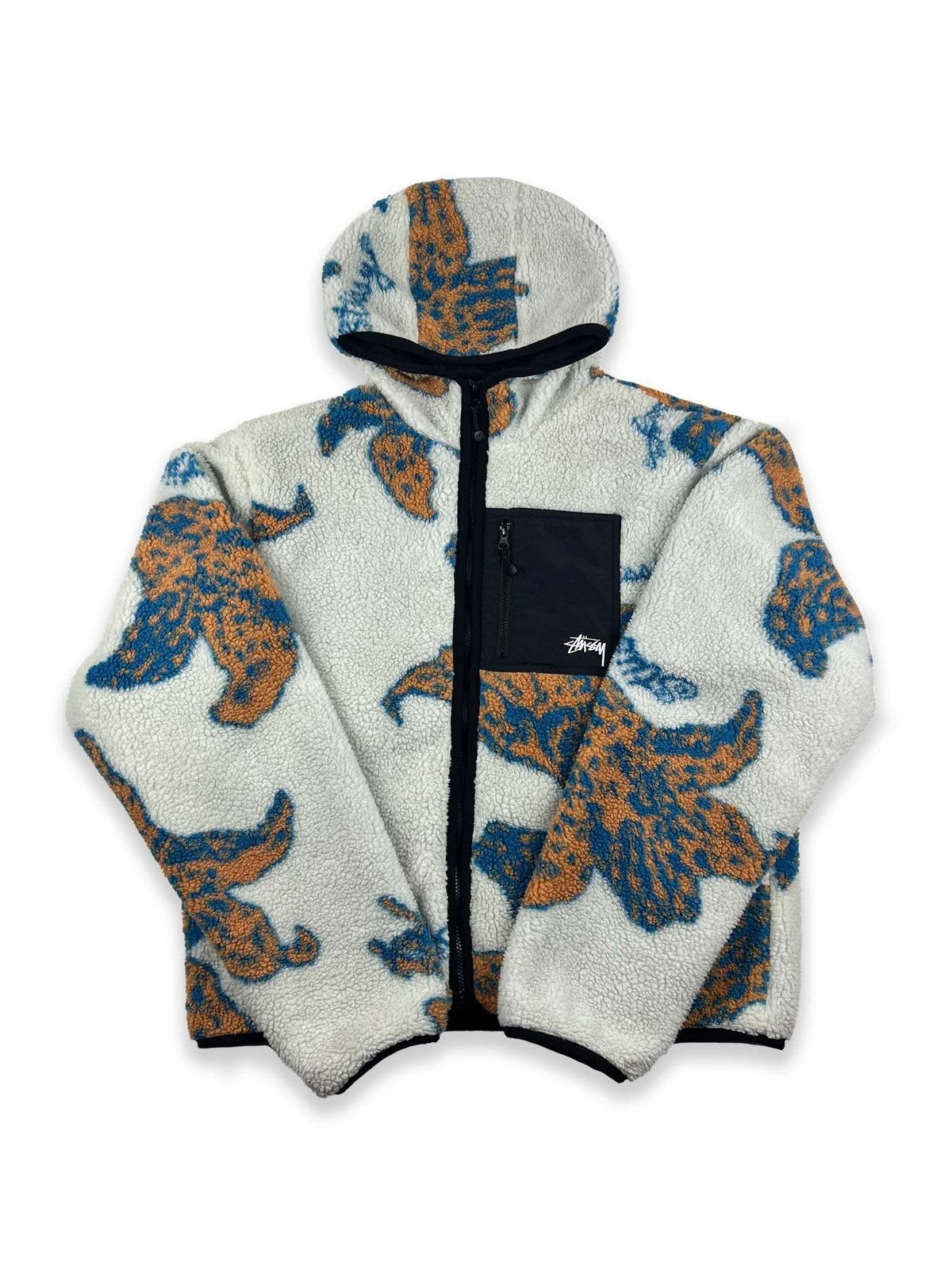 image of Stussy Floral Sherpa Fleece Hooded Zip-Up Jacket Bone Xl, Men's