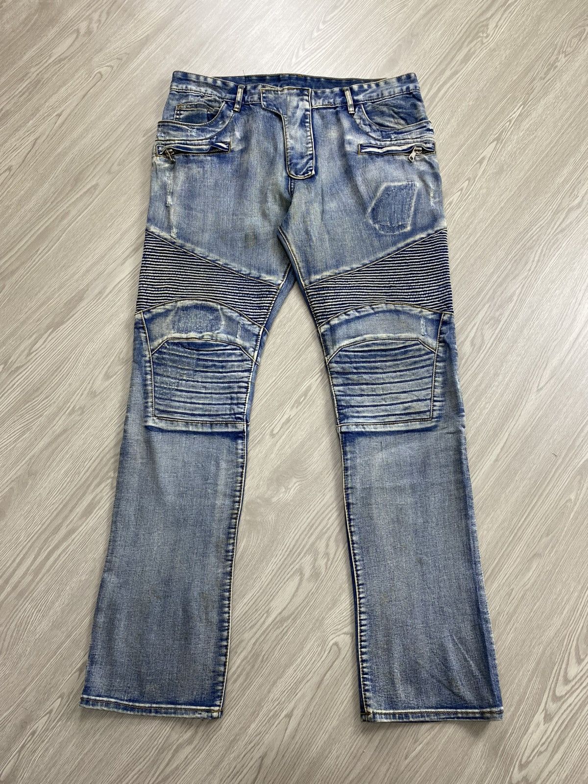 Balmain Balmain Green Marble Print Moto Ribbed Denim Jeans Size36 