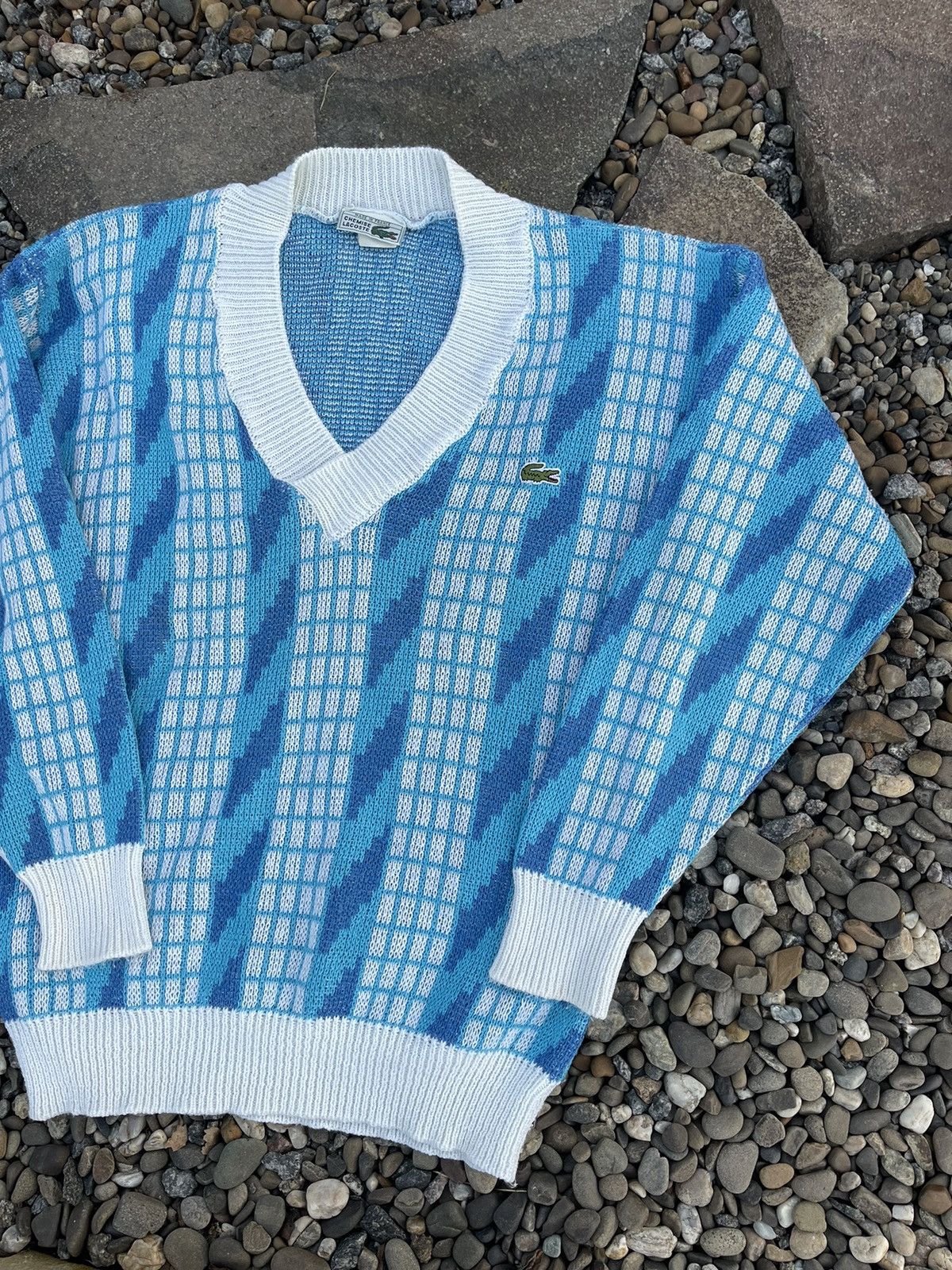 80’s Lacoste vintage v-neck coogi style knit sweater blue