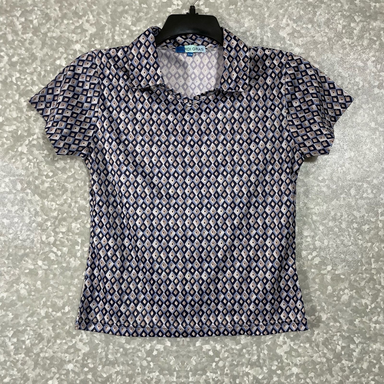 Vintage Mardi Gras Vintage Blue Diamond Patterned Collared Top - S/M Size M / US 6-8 / IT 42-44 - 1 Thumbnail