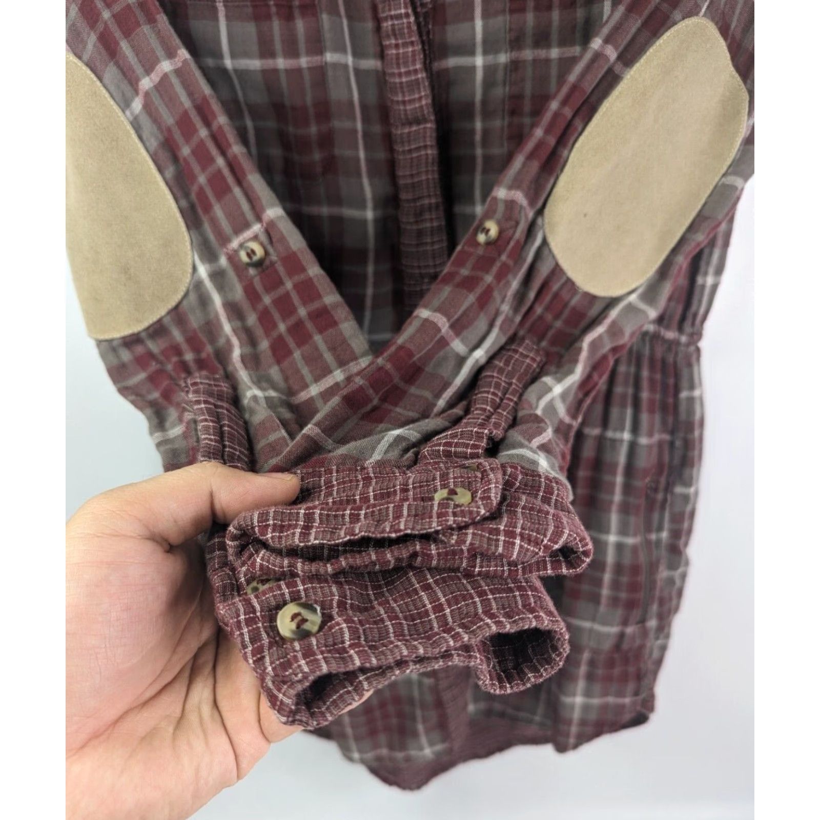 Hurley Hurley Dress Plaid Maroon Small w/Elbow Patches V-Neck Tunic Button Pockets Size S / US 4 / IT 40 - 3 Thumbnail