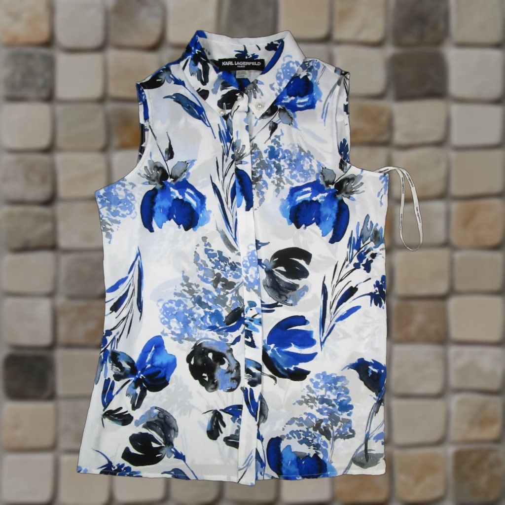 Karl Lagerfeld VINTAGE Karl Lagerfeld Shirt Womens Small White Blue Button Up Blouse Size S / US 4 / IT 40 - 1 Thumbnail
