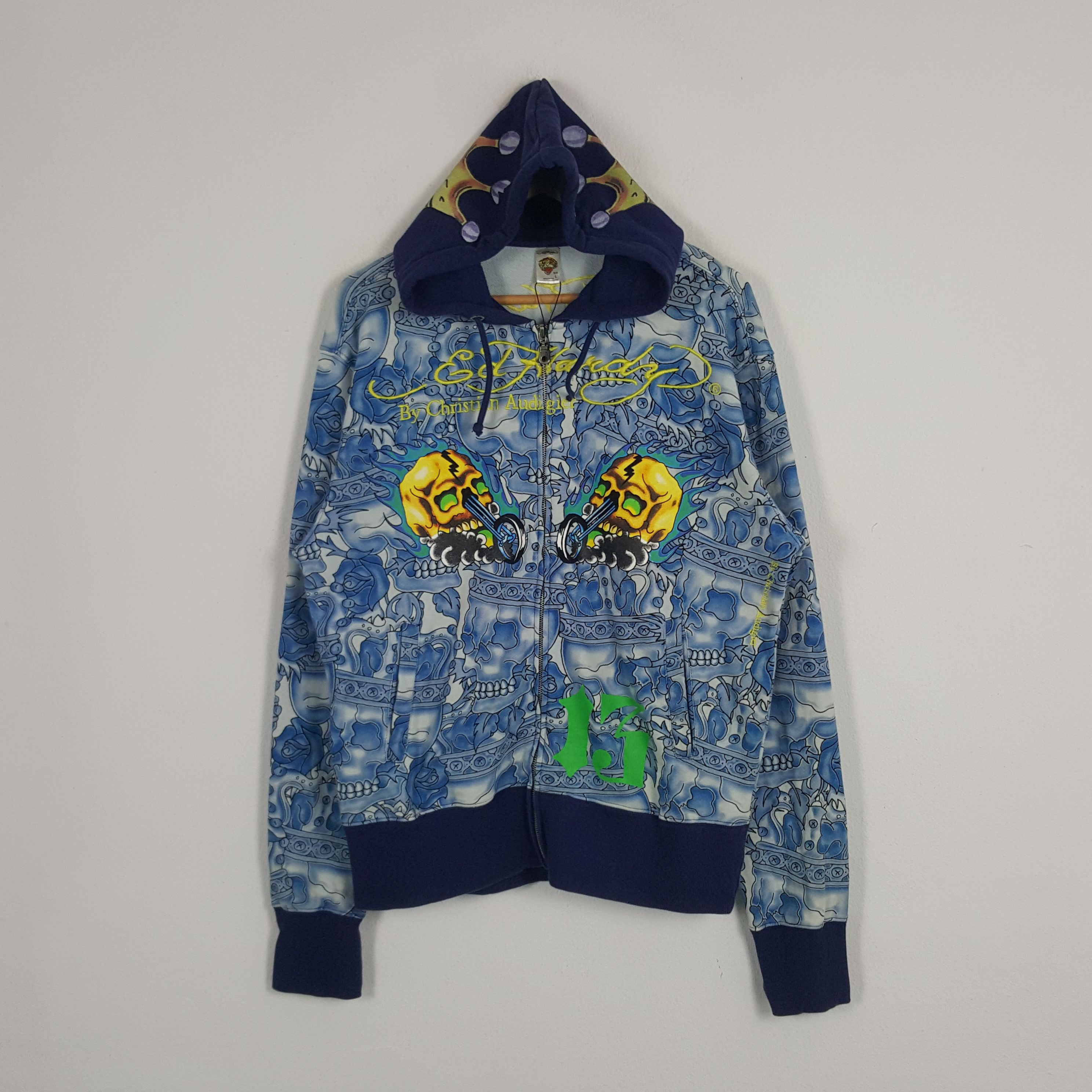 Christian Audigier × Ed Hardy × Vintage Vintage Ed Hardy By Christian Audiger Skull Fullprint Hoodie Size US L / EU 52-54 / 3 - 3 Thumbnail