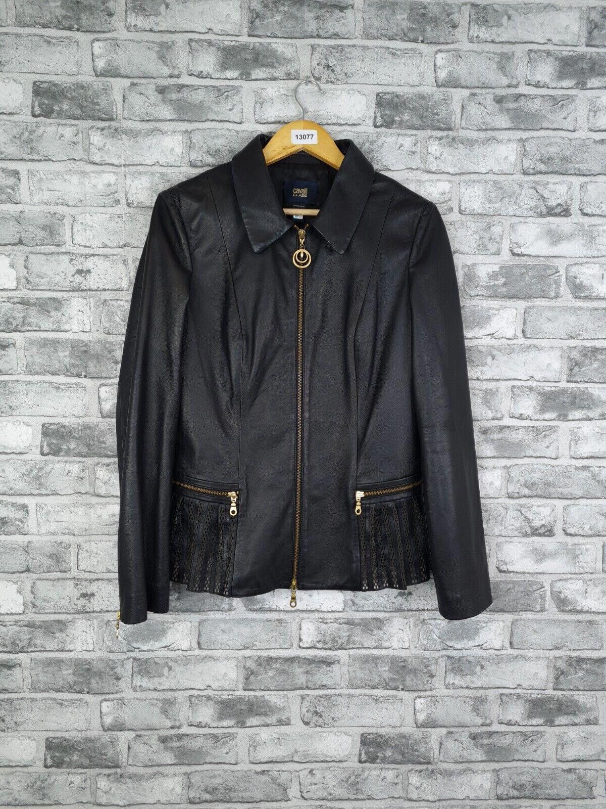Cavalli Class Leather Jacket Uk 14 Black Rare Coat