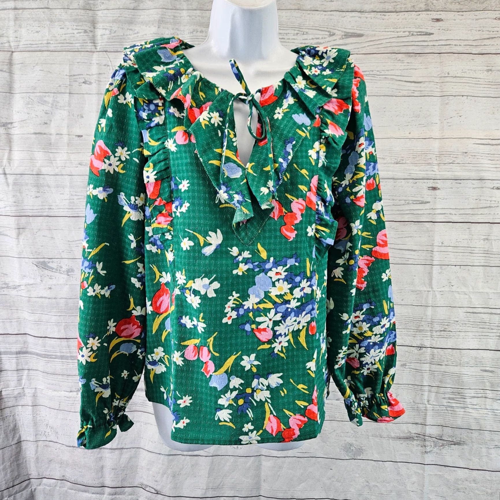Loft Ann Taylor LOFT Womens Top XS Green Pink Floral Ruffle Long Sleeve Blouse Polyester Spandex Size XS / US 0-2 / IT 36-38 - 2 Thumbnail