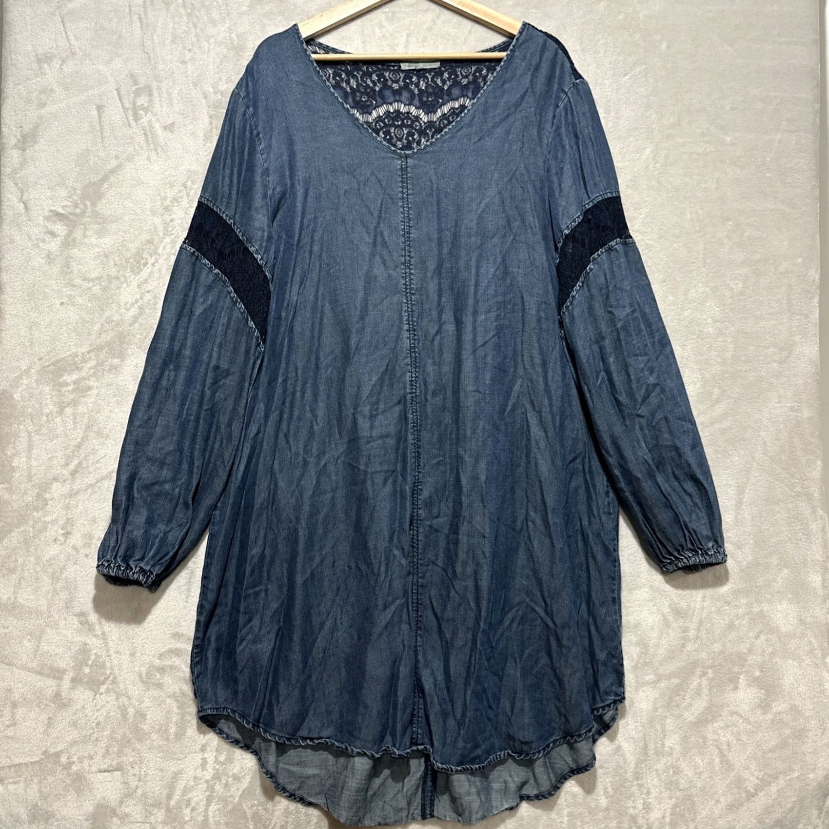Denime Standards & Practices Shelby Shift Dress Chambray Denim XL Blue Lace Shirt Dress Boho Women A-Line Mini Short Vintage No Size XL / US 12-14 / IT 48-50 - 3 Thumbnail