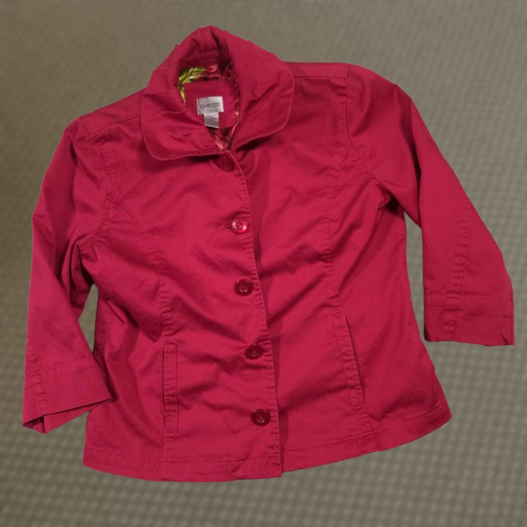 Vintage Chico's Jacket Womens 1 Red Twill 3/4 Sleeve Button Front Lined Collar Pockets Size XS / US 0-2 / IT 36-38 - 1 Thumbnail