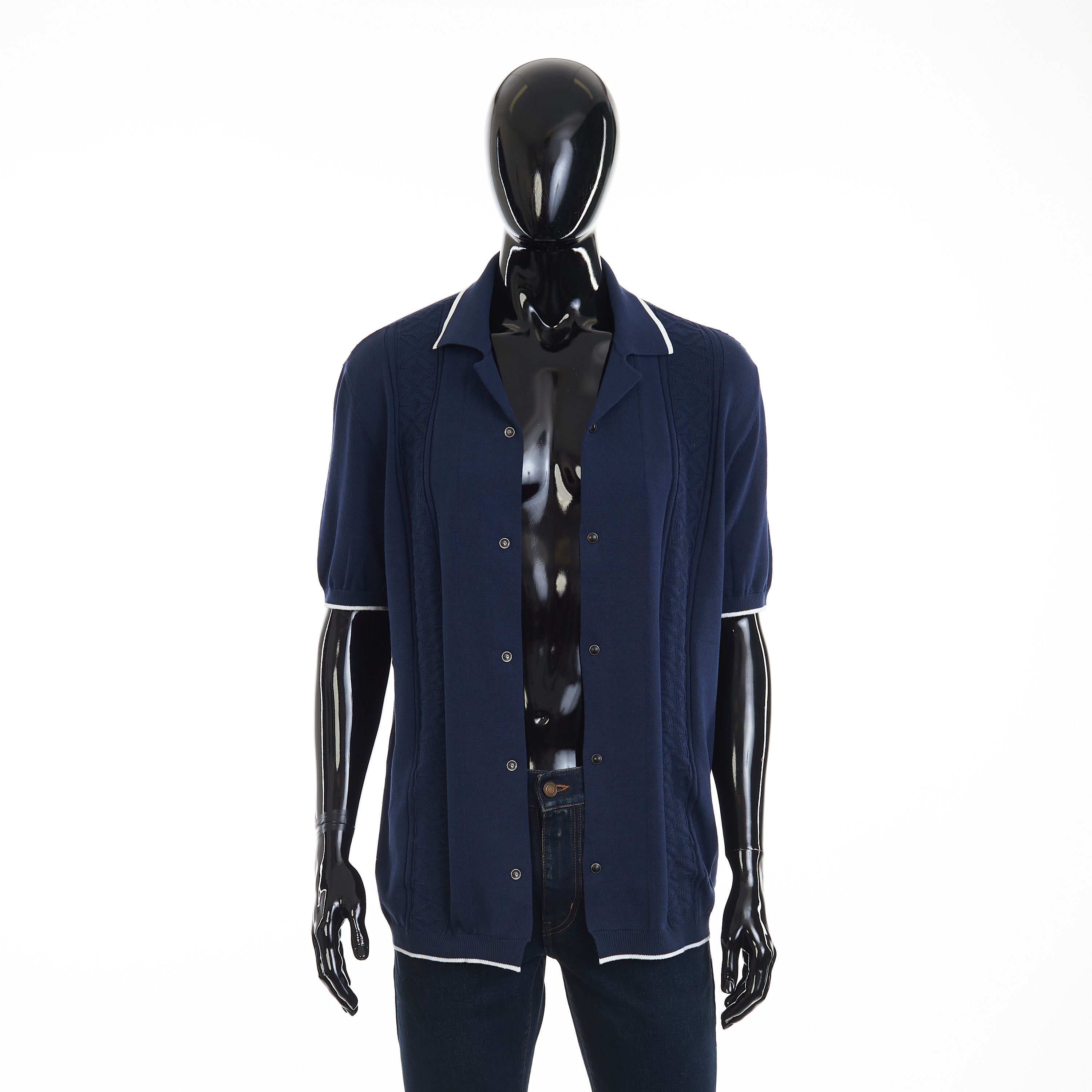 Brunello Cucinelli Navy Blue Short Sleeve Knit Shirt - Cotton Jacquard Rib Size US XL / EU 56 / 4 - 8 Thumbnail
