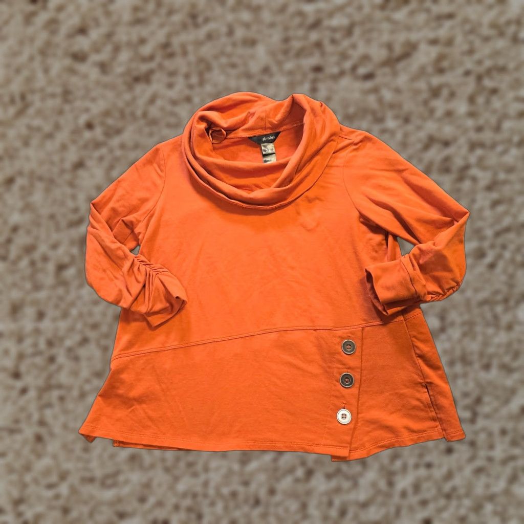 Vintage Ali Miles Top Womens Medium Orange Cowl Neck Stretch Casual Blouse Shirt Knit 3/4 Sleeve Regular Popular Size M / US 6-8 / IT 42-44 - 1 Thumbnail