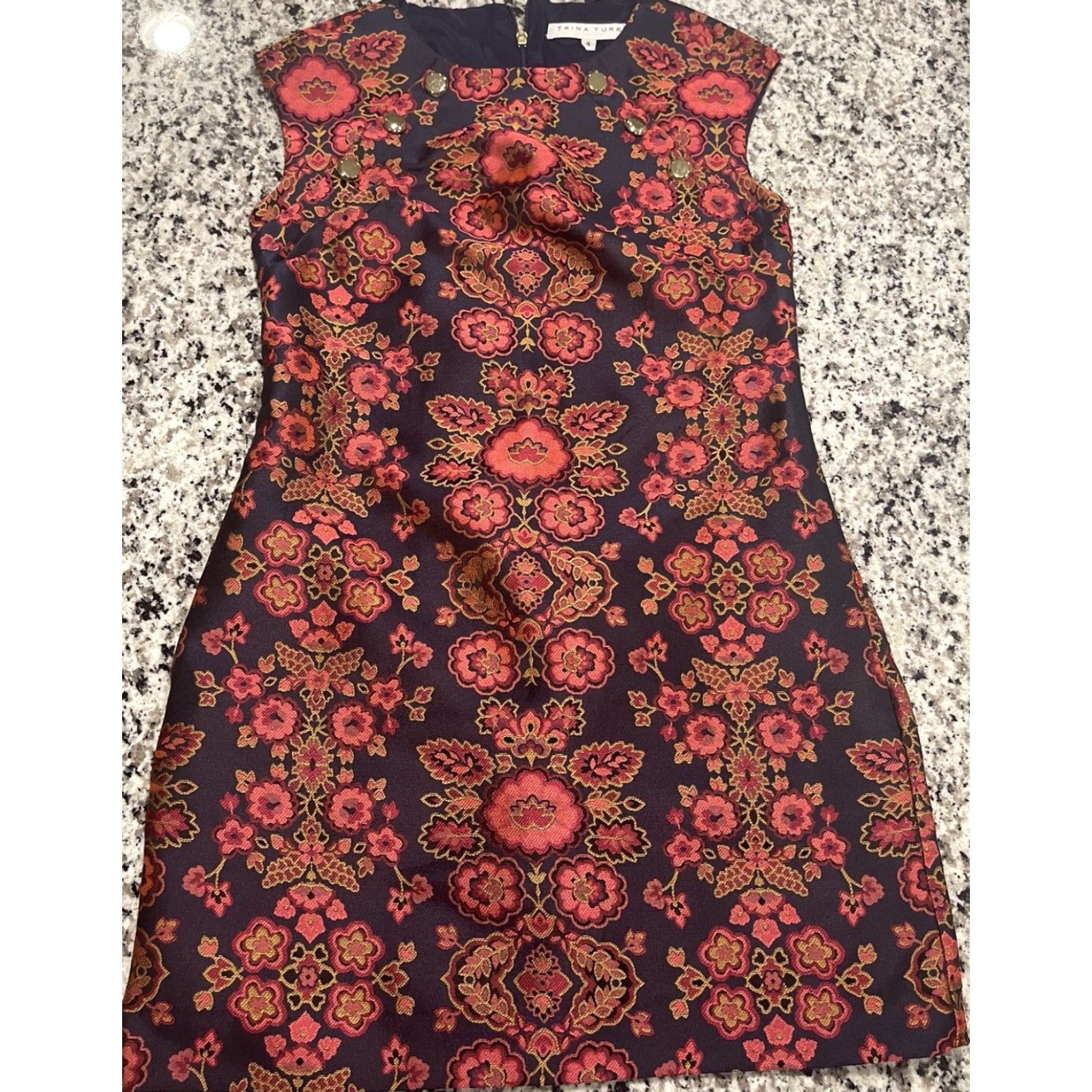 Trina Turk Trina Turk Angelou Sierra Primrose Jacquard Shift Dress Sz 4 Red Floral Sleeveless Zip Crew Neck Mini Sheath 60s Vintage No Women Size S / US 4 / IT 40 - 3 Thumbnail
