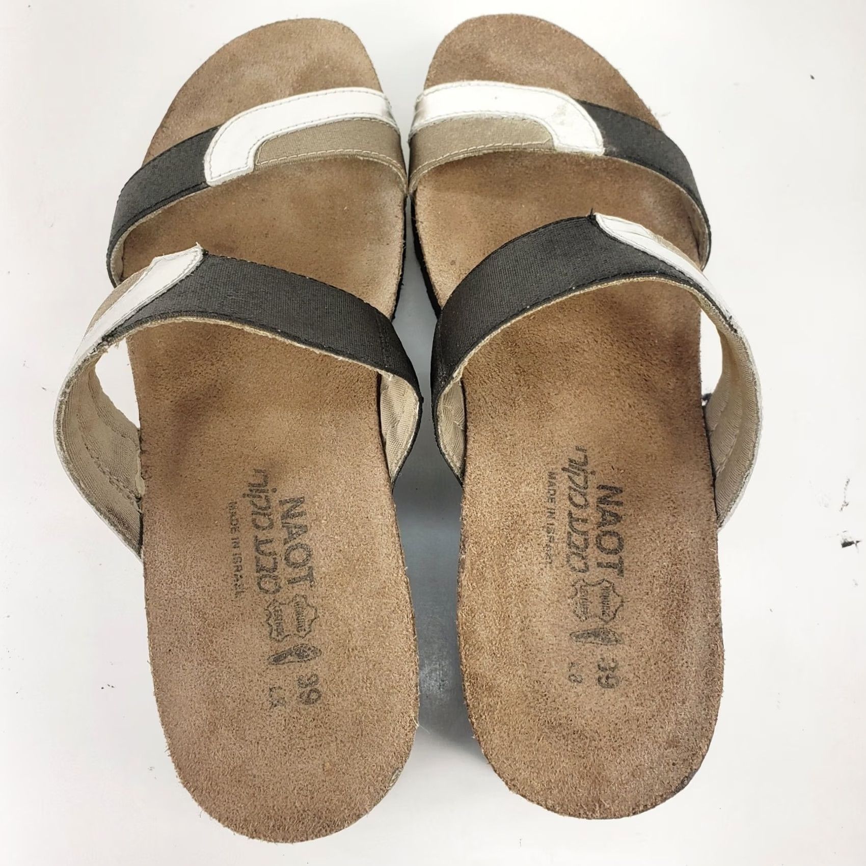 Vintage Naot Women's Sandal Black Silver Metallic Beige Leather Slide Wedge Rhinestone Open Toe 8 Slip-On Leather Insole Outsole Rubber Women Size US 8 / IT 38 - 7 Thumbnail