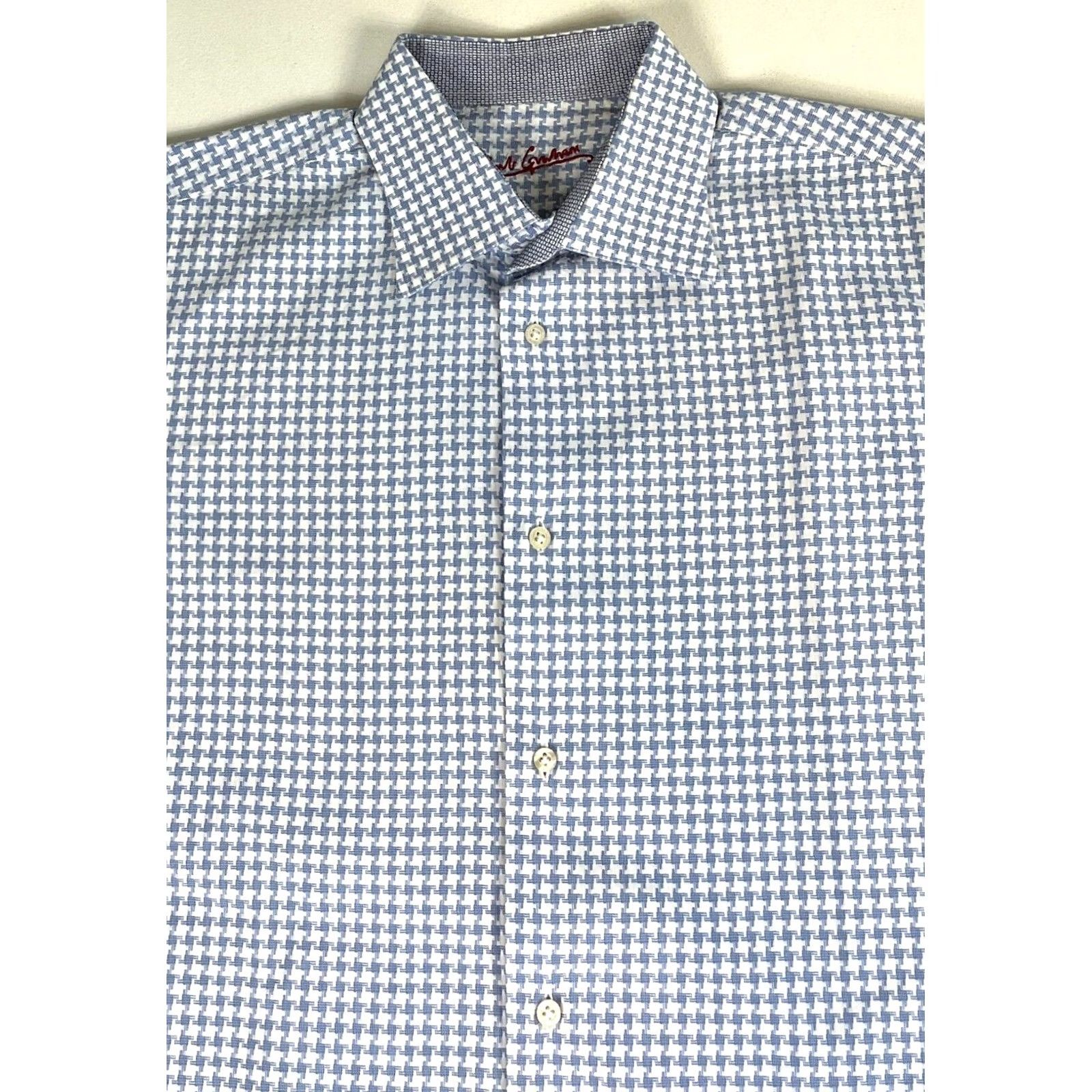 Robert Graham VINTAGE Robert Graham Button-Up Houndstooth Shirt Mens L/XL 43/17 White Blue 100% Cotton Size US L / EU 52-54 / 3 - 2 Thumbnail