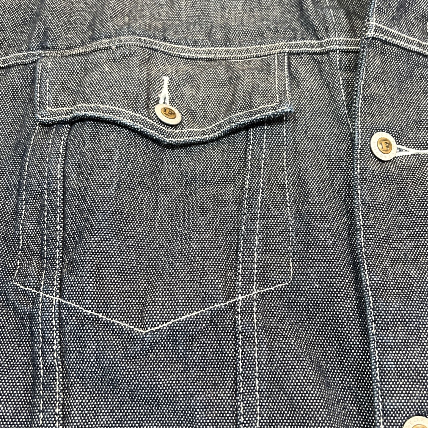 Vintage Factor International Denim Jean Jacket Men’s 2XL Button Up Cotton Mid Length Blue Denim 90s Classic Motorcycle Pockets Mens Regular Jacket Size US 39 - 3 Thumbnail