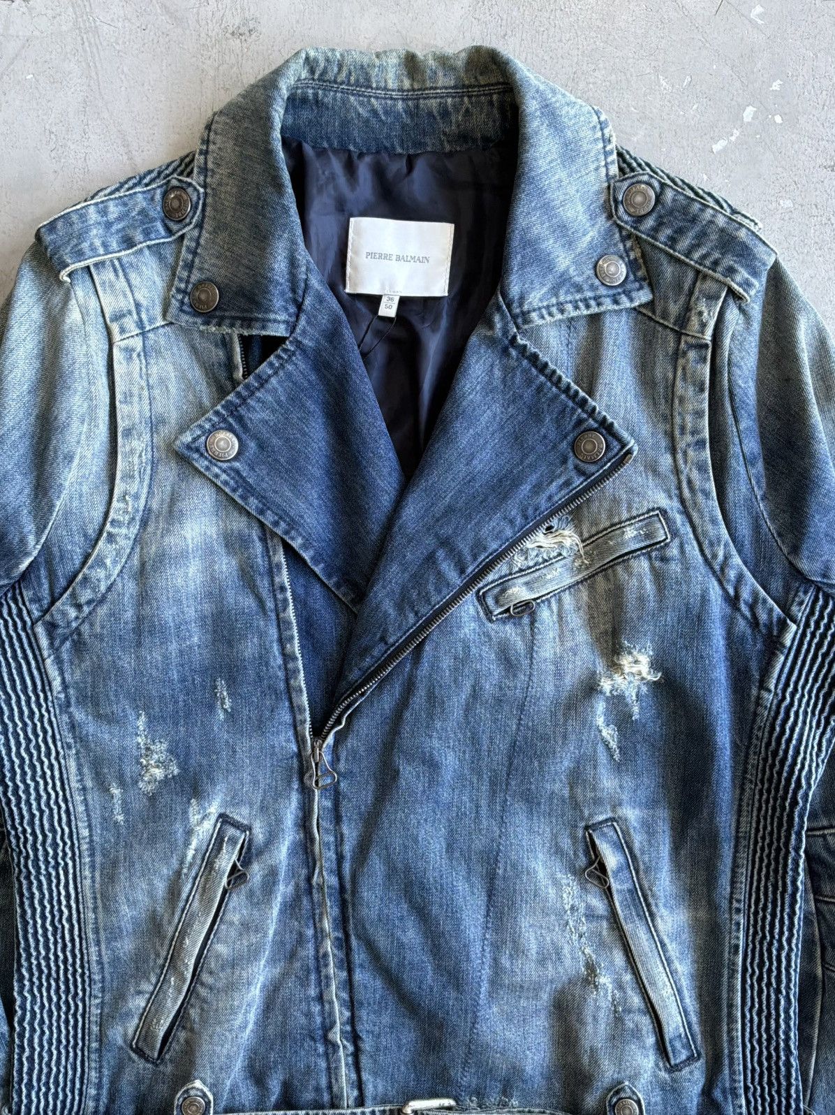 Balmain 2010s Pierre Balmain - Distressed Denim Biker Jacket Size US M / EU 48-50 / 2 - 3 Thumbnail