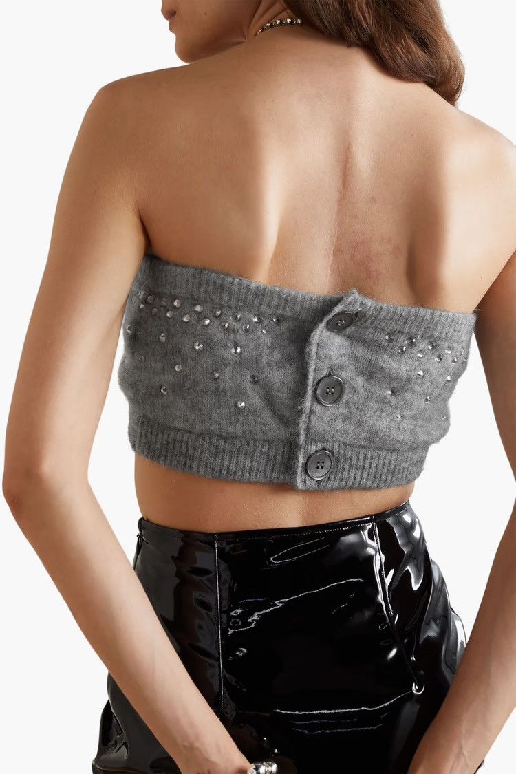 Alessandra Rich ALESSANDRA RICH Cropped crystal-embellished knitted top Gray Size S / US 4 / IT 40 - 6 Thumbnail