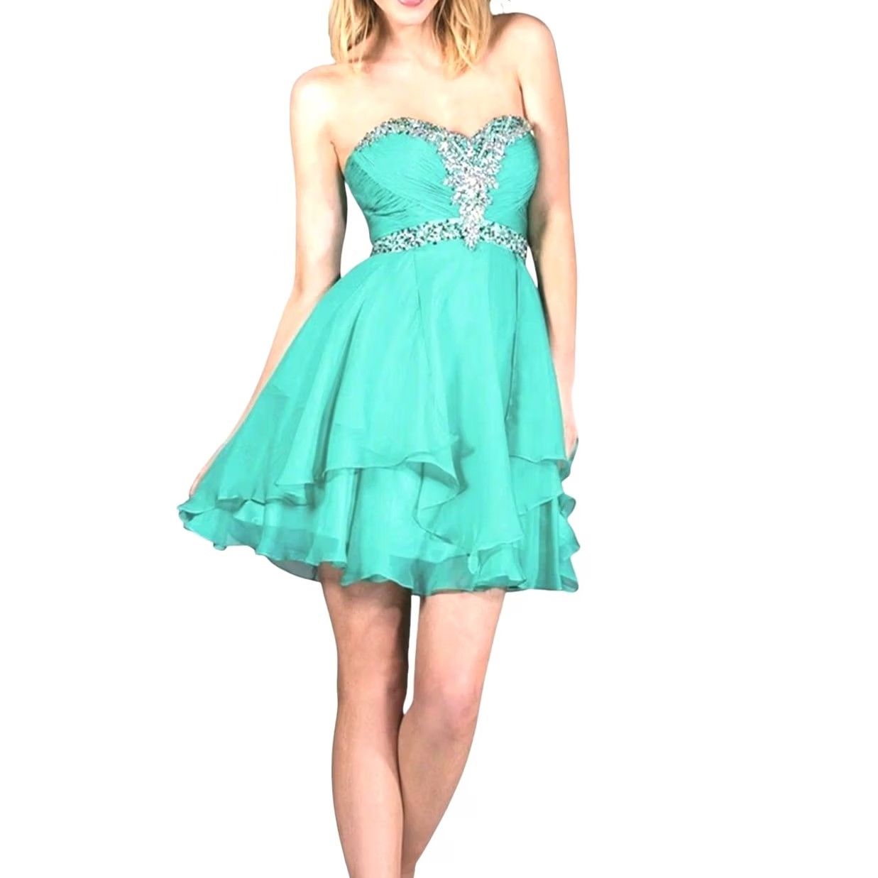 CO Samila & Co Ruffle Strapless Mini Prom Dress Aqua Green Jeweled 6 Size M / US 6-8 / IT 42-44 - 8 Thumbnail
