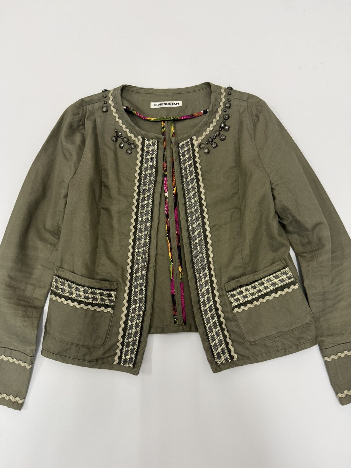 Vivienne Tam 🔥 90s Vivienne Tam Olive Cropped Jacket Boho Beaded Designer Size S / US 4 / IT 40 - 8 Thumbnail