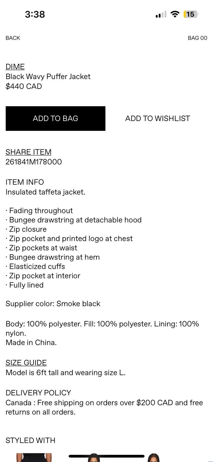 Dime Dime Wavy Puffer Smoke Black Size US L / EU 52-54 / 3 - 16 Thumbnail