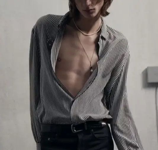 Saint Laurent Paris o1bcso1str0924 Striped Crepe Oversized Shirts in Black/White Size US M / EU 48-50 / 2 - 4 Thumbnail
