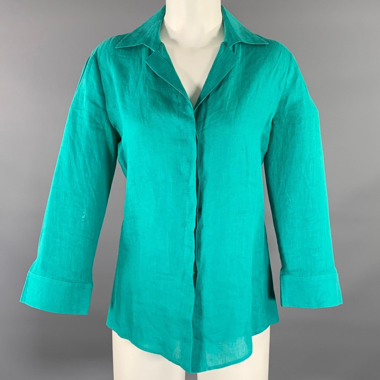 Giorgio Armani GIORGIO ARMANI Size 8 Teal Linen 3/4 Sleeves Shirt Size M / US 6-8 / IT 42-44 - 1 Thumbnail