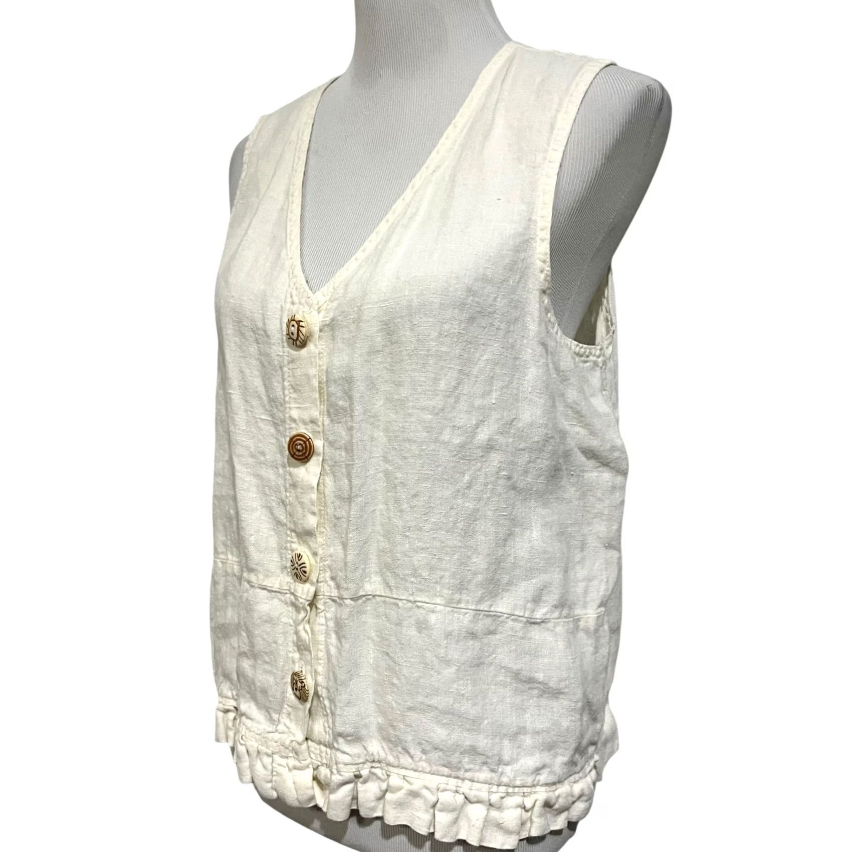 Vintage Liz & Jane Linen Vest Womens Size Small Ivory Ruffle Hem Lagenlook Vest Sleeveless V-Neck Button Blouse Mens Womens Girls Boys Size S / US 4 / IT 40 - 4 Thumbnail