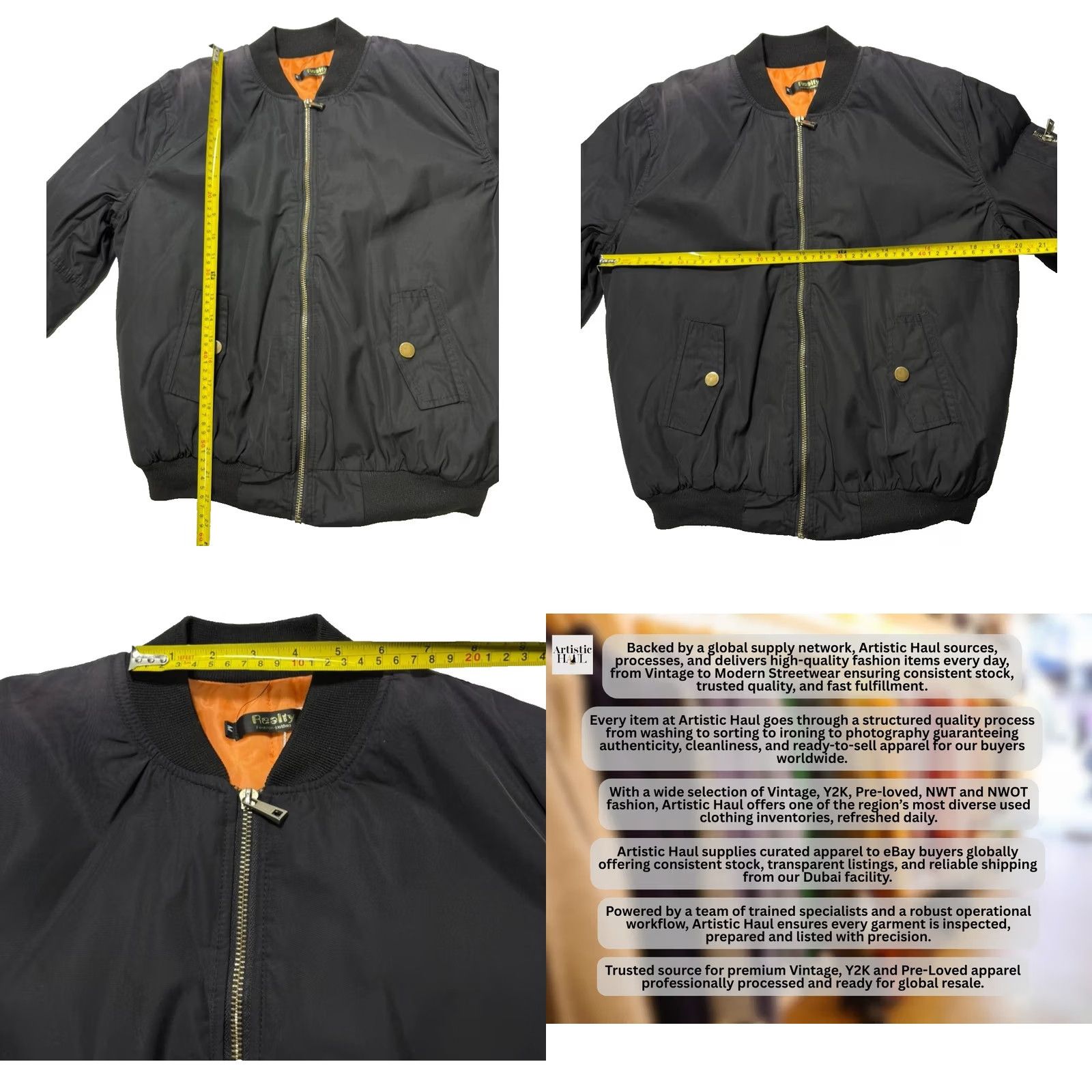 Vintage Realty Fashion Bomber Jacket M Black Polyester Full Zip Pockets - Winter Casual Mens Size US M / EU 48-50 / 2 - 8 Thumbnail
