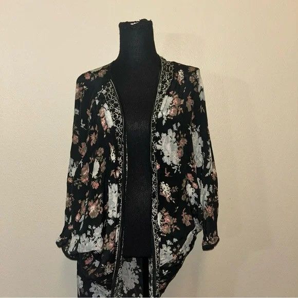 Black Floral Kimono One Size Viscose Duster