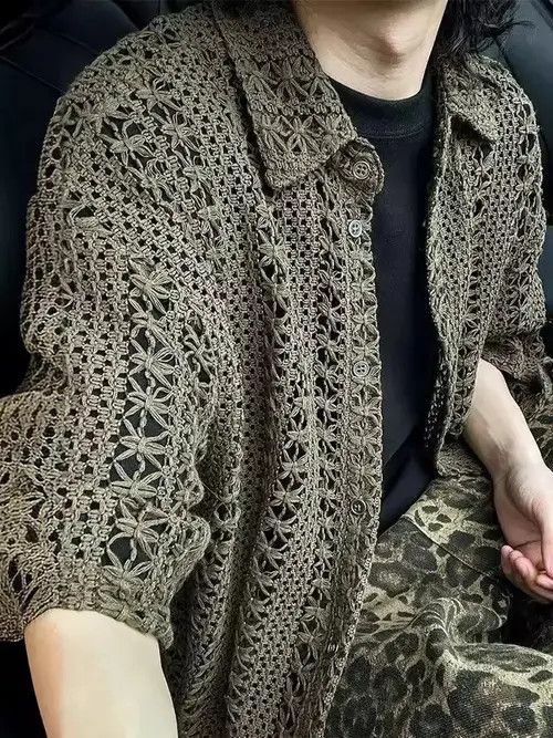 Japanese Brand Retro fashion hollow out crochet button up shirt Size US L / EU 52-54 / 3 - 4 Thumbnail