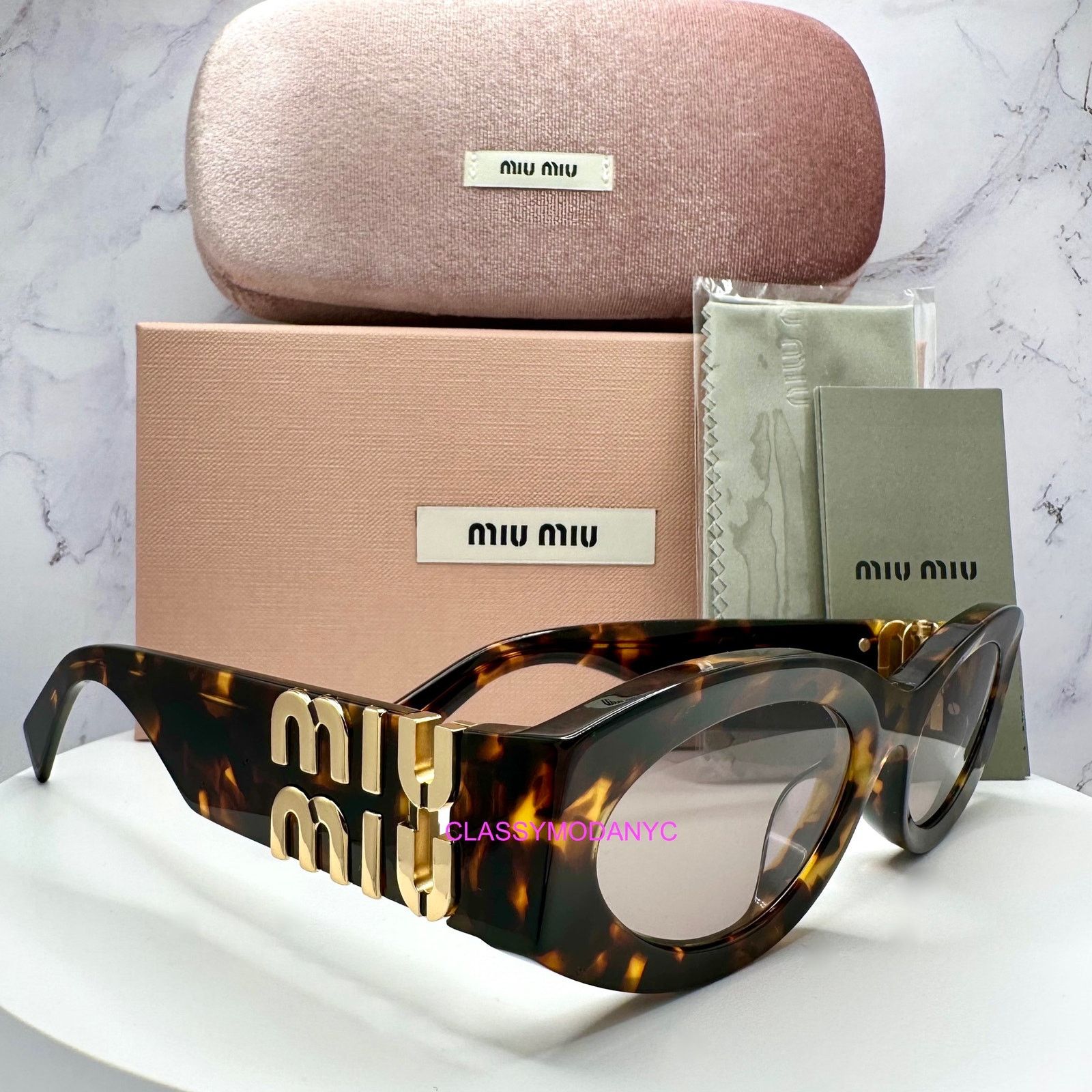 Miu Miu New MIU MIU Sunglasses Brown Tortoise Shell Oval Gold Logo Size ONE SIZE - 1 Thumbnail