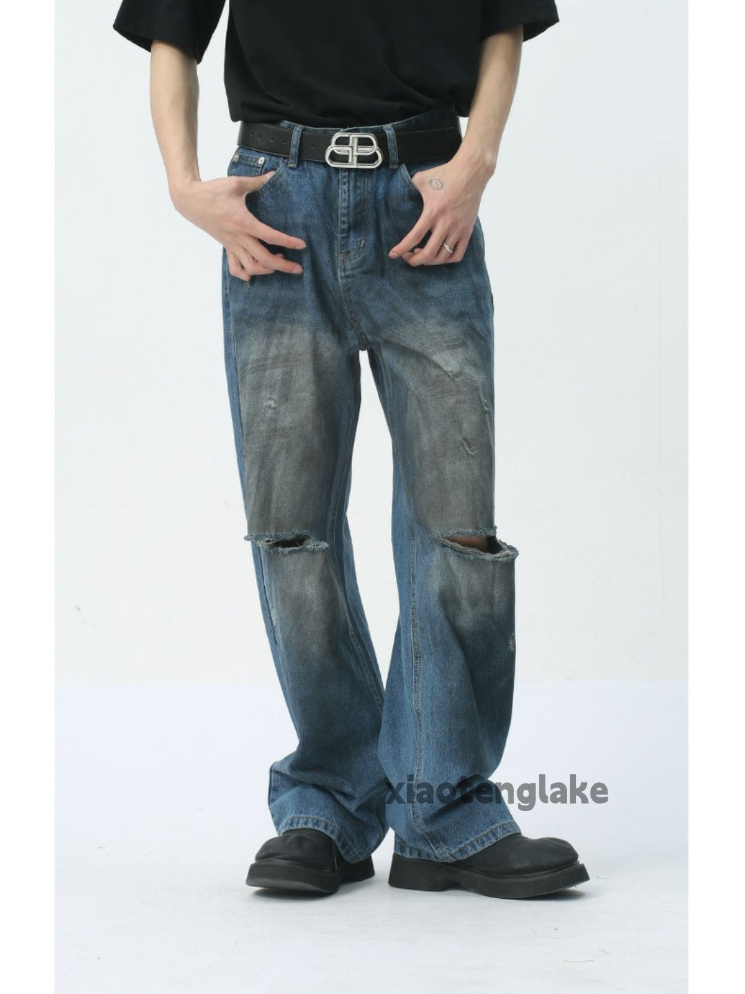 Jean × Vintage washed faded loose baggy damaged stain jeans Size US 32 / EU 48 - 3 Thumbnail