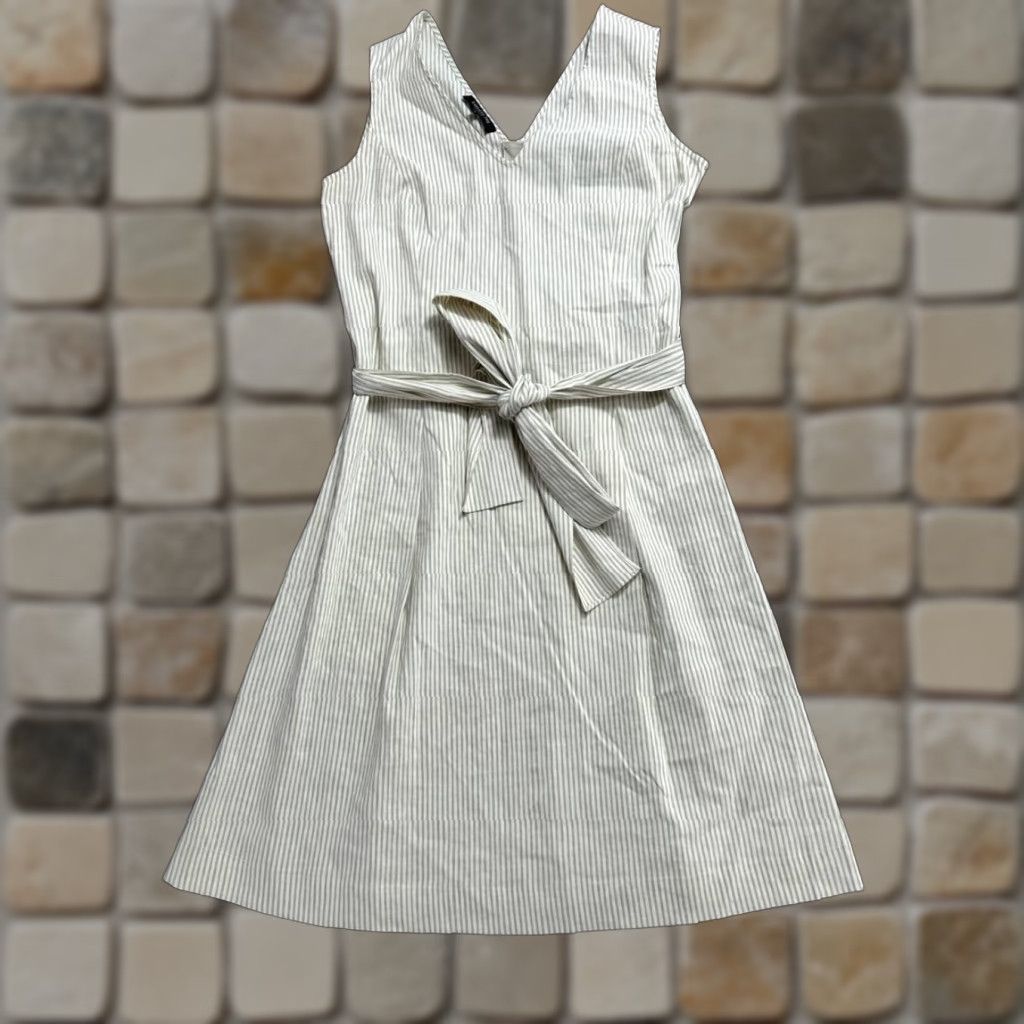 Lafayette 148 Dress Medium White Striped Linen Belted Fit And Flare Womens