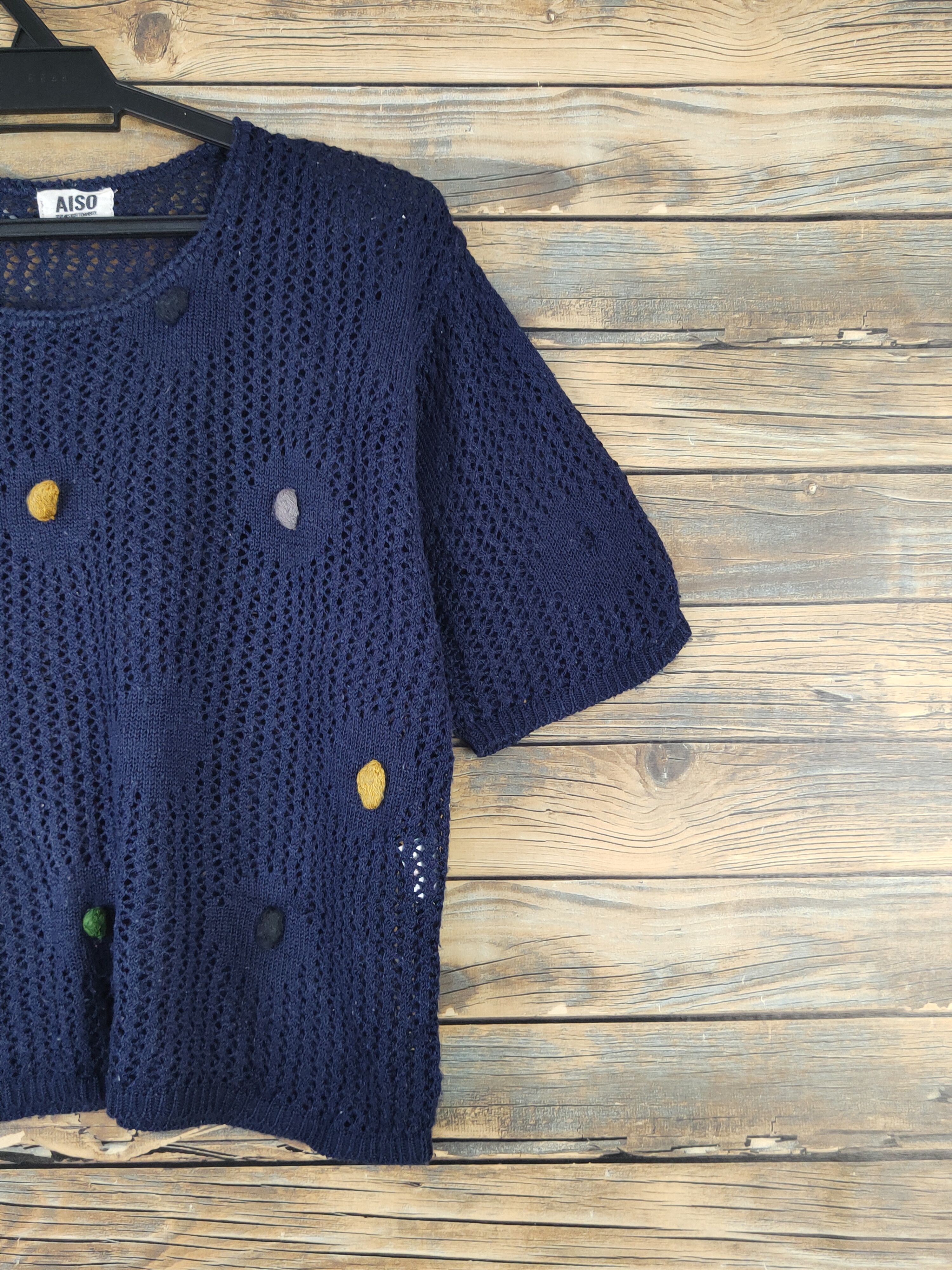 Aiso Navy MeshNet crochet Knitwear Short Sleeve #W1292