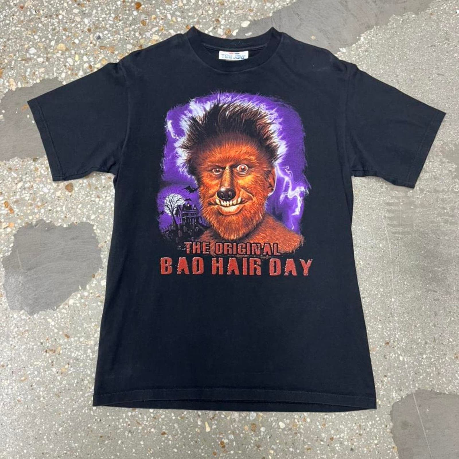 image of Movie x Vintage VTG 90’S The Original Bad Hair Day Wolf Man Werewolf T-Shirt in Black (Size Medium)