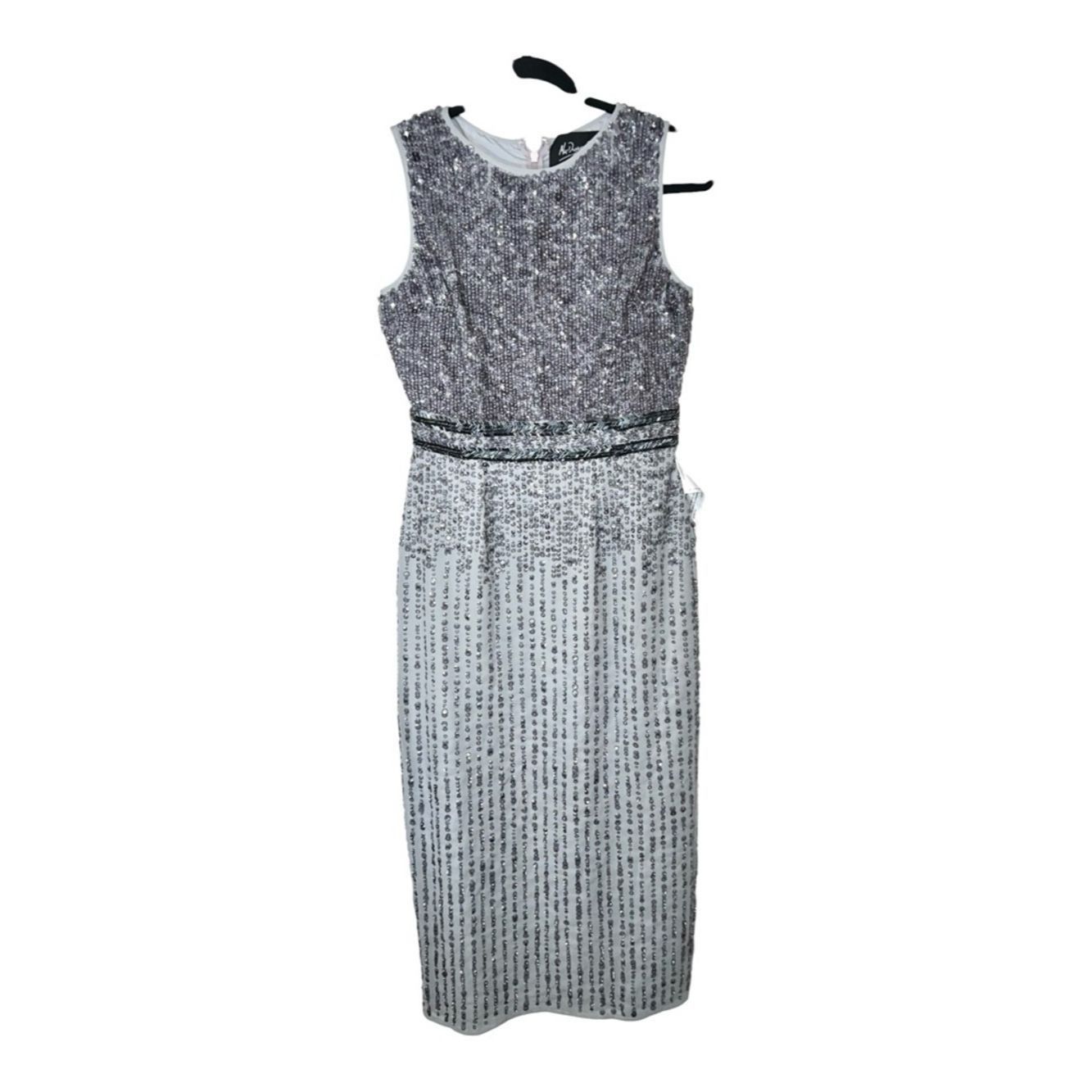 Mac Duggal Mac Duggal 10509 Beaded Sequin Midi Dress Silver Gray Sleev Size S / US 4 / IT 40 - 5 Thumbnail
