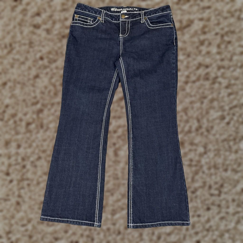 Vintage Blue Asphalt Jeans Bootcut Juniors 13 Dark Wash Low Rise 32x27 Denim Stretch 5-Pocket Womens Girls (063) Size 34" / US 12 / IT 48 - 1 Thumbnail