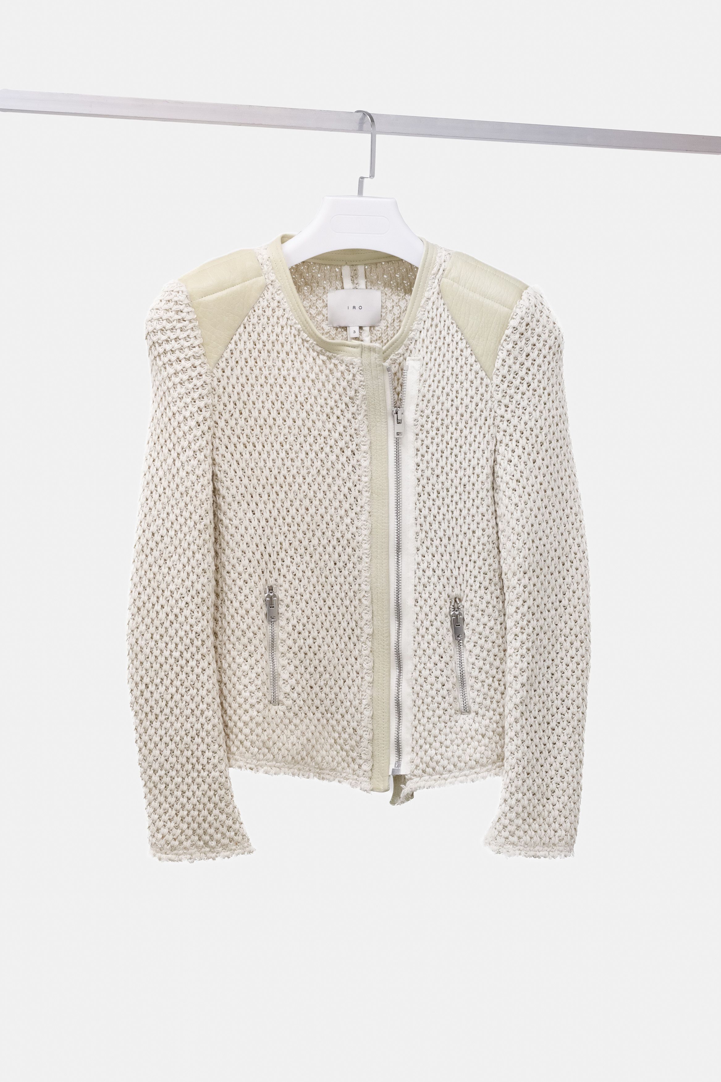 image of Iro Natasha Leather Trimmed Beige Knit Jacket, Women's (Size Medium)