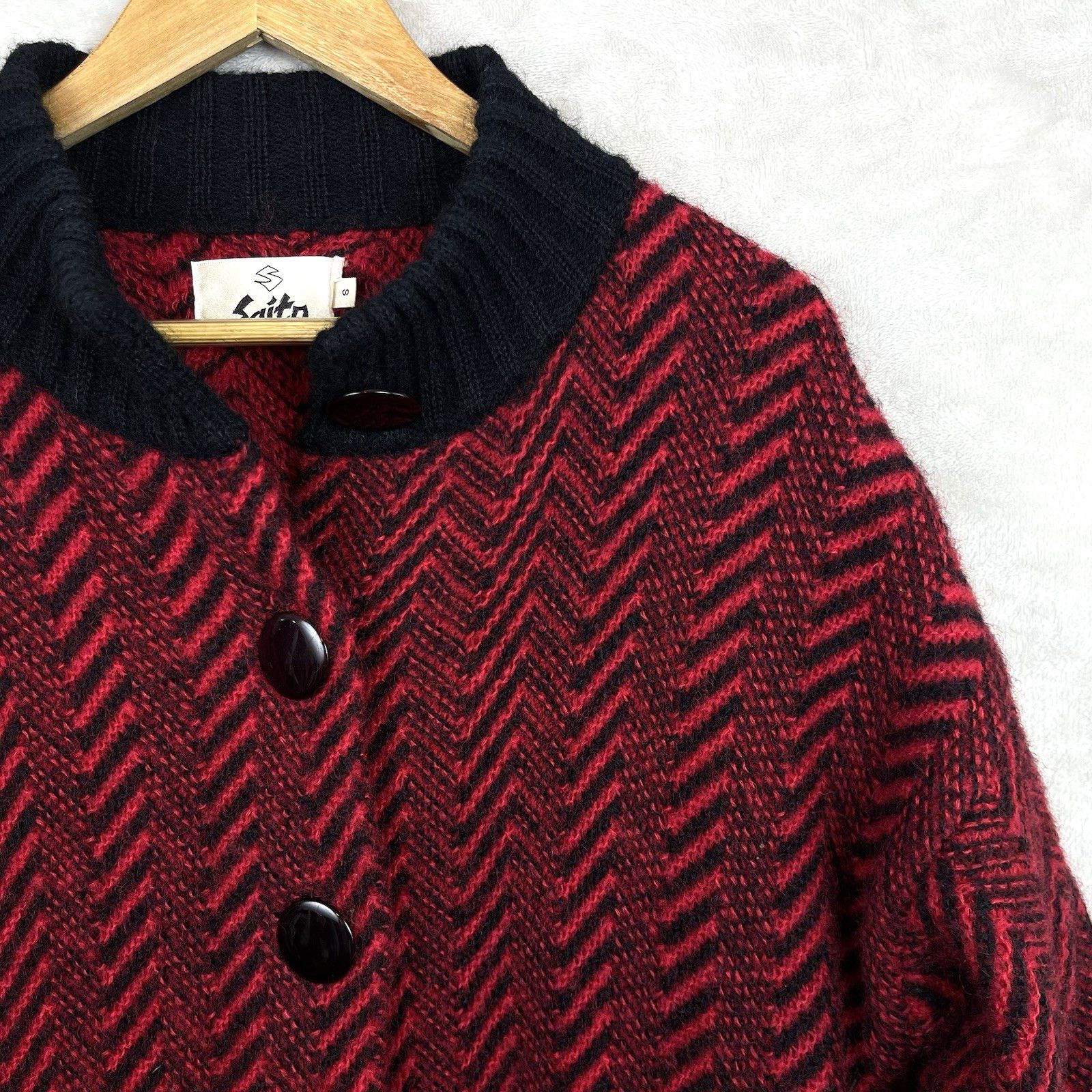 Other Vintage Saito Mohair Chevron Cardigan Red Black 80s Grail Size S / US 4 / IT 40 - 5 Thumbnail