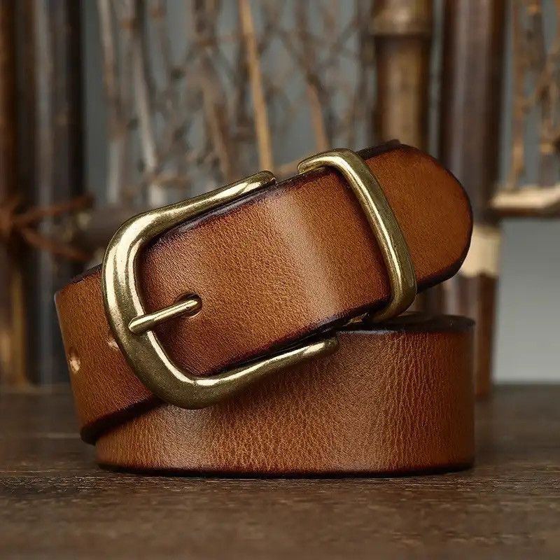 Leather × Vintage Cowhide Genuine Leather High Quality Jean Brass Buckle Belts Size ONE SIZE - 2 Thumbnail
