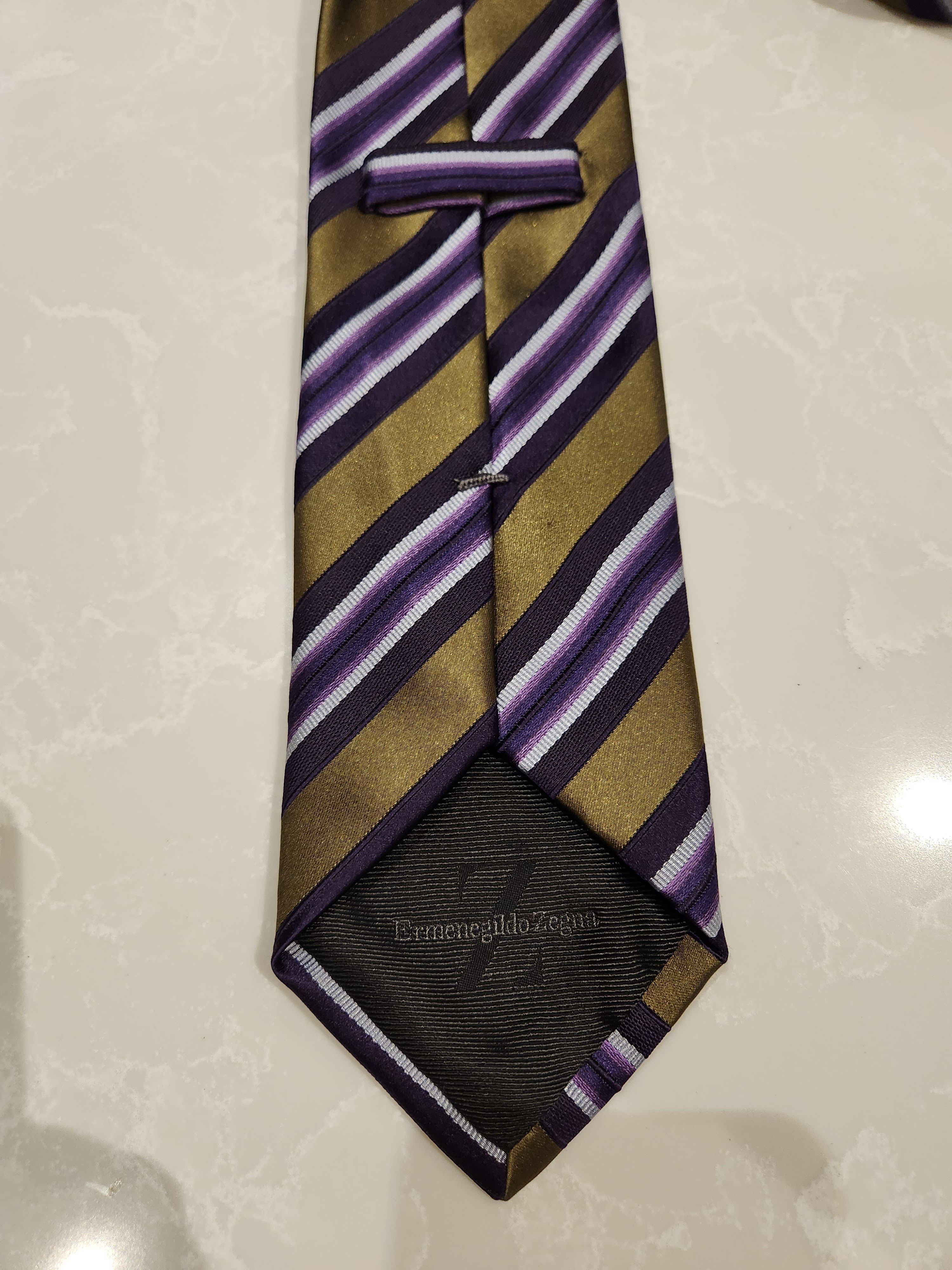 Ermenegildo Zegna Gold Purple White Stripe Neck Tie Silk Cotton Blend Size ONE SIZE - 4 Thumbnail